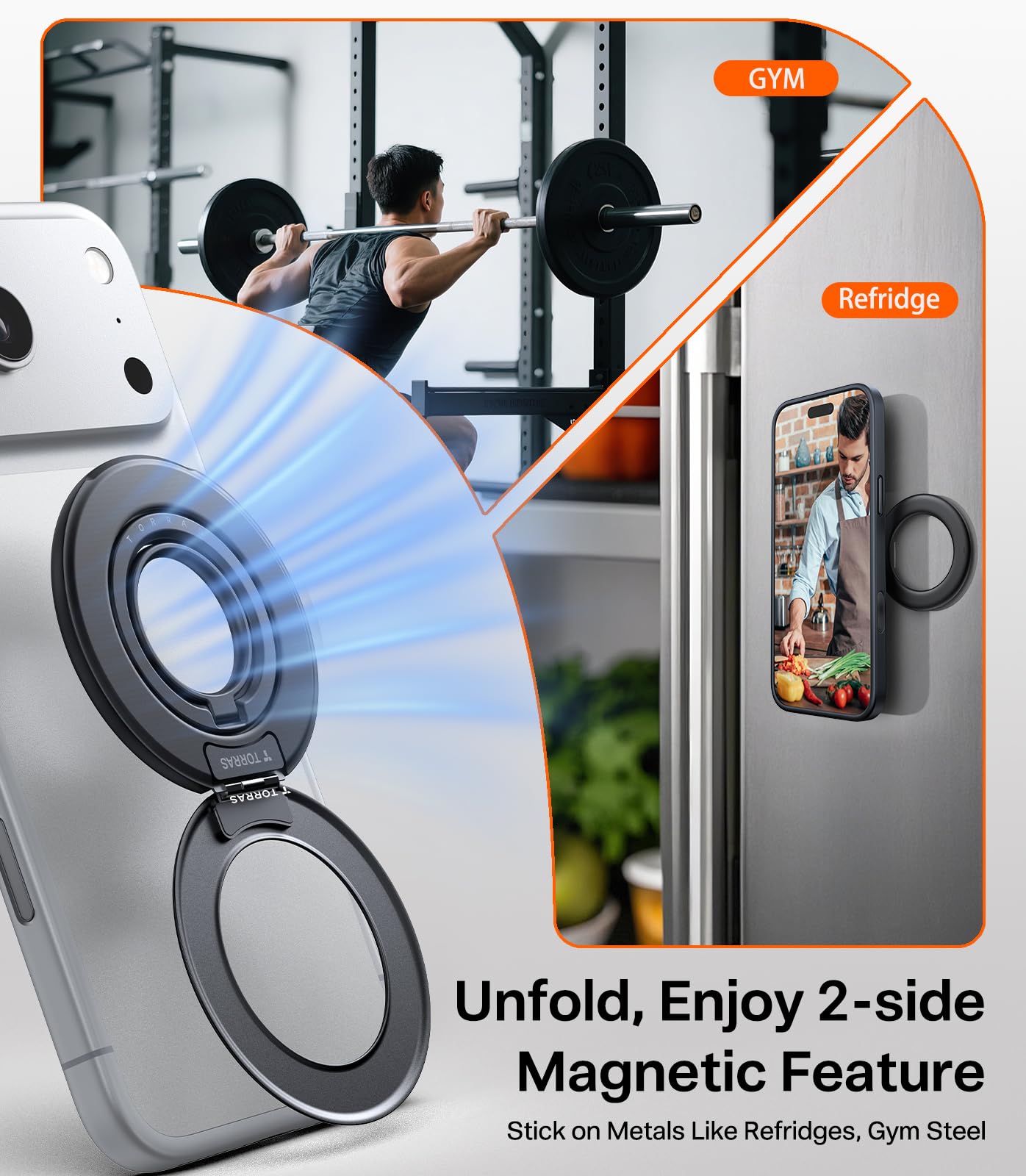 TORRAS 2025 Flagship Magnetic Phone Grip Ring Holder Kickstand [2-Sided Magnetic] [360 Rotation] Fit for MagSafe Accessories for iPhone 17 16 15 14 13 12 11 Samsung, Google, Black - Image 5