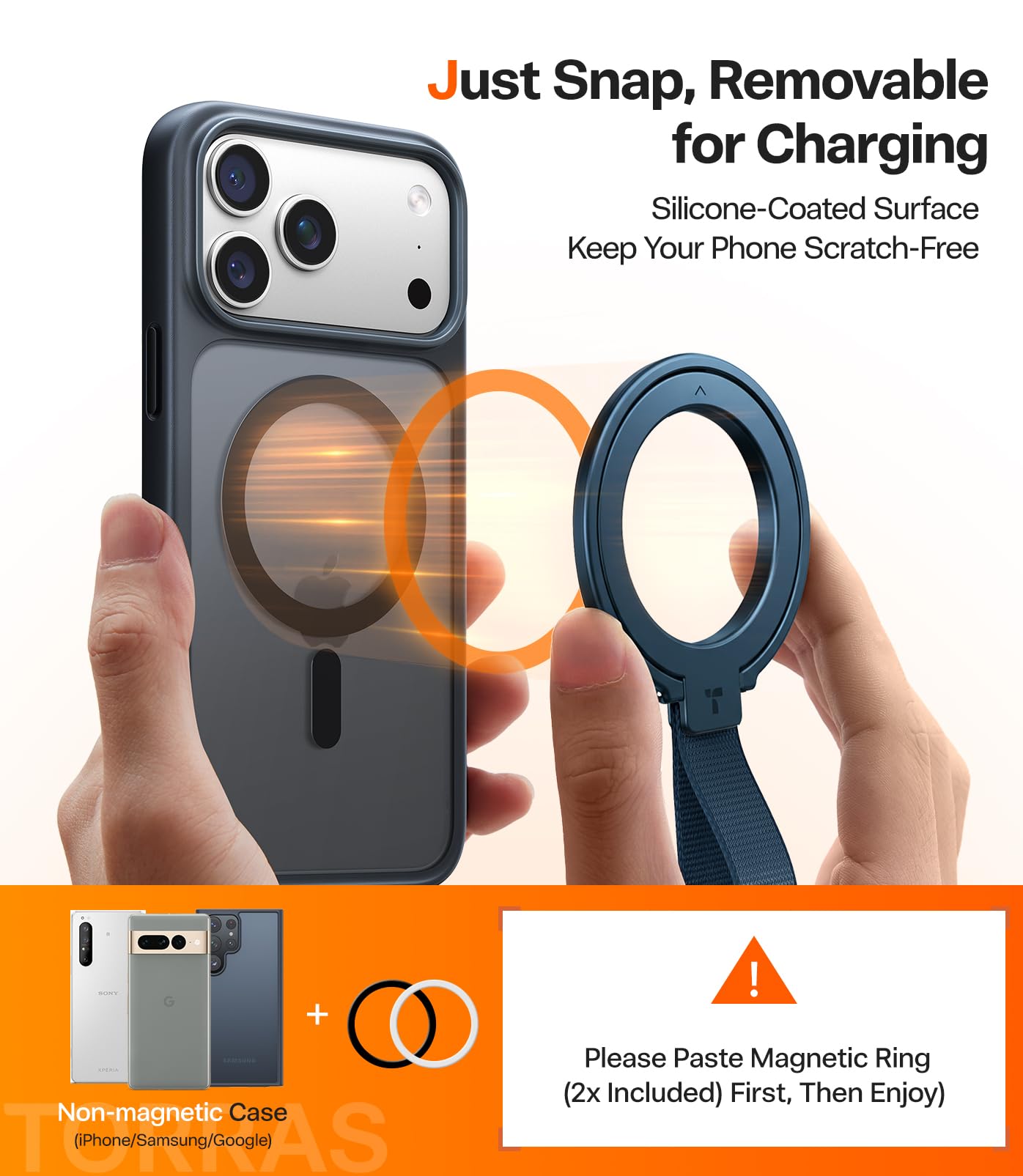 TORRAS 2025 Upgrade (Gen 6.0) Magnetic Phone Grip Holder Kickstand with Braided Strap, Fit for MagSafe Ring Removable, for iPhone 17 16,15, 14, 13 12 Samsung Galaxy, Google, Ostand Ring, Navy Blue - Image 6