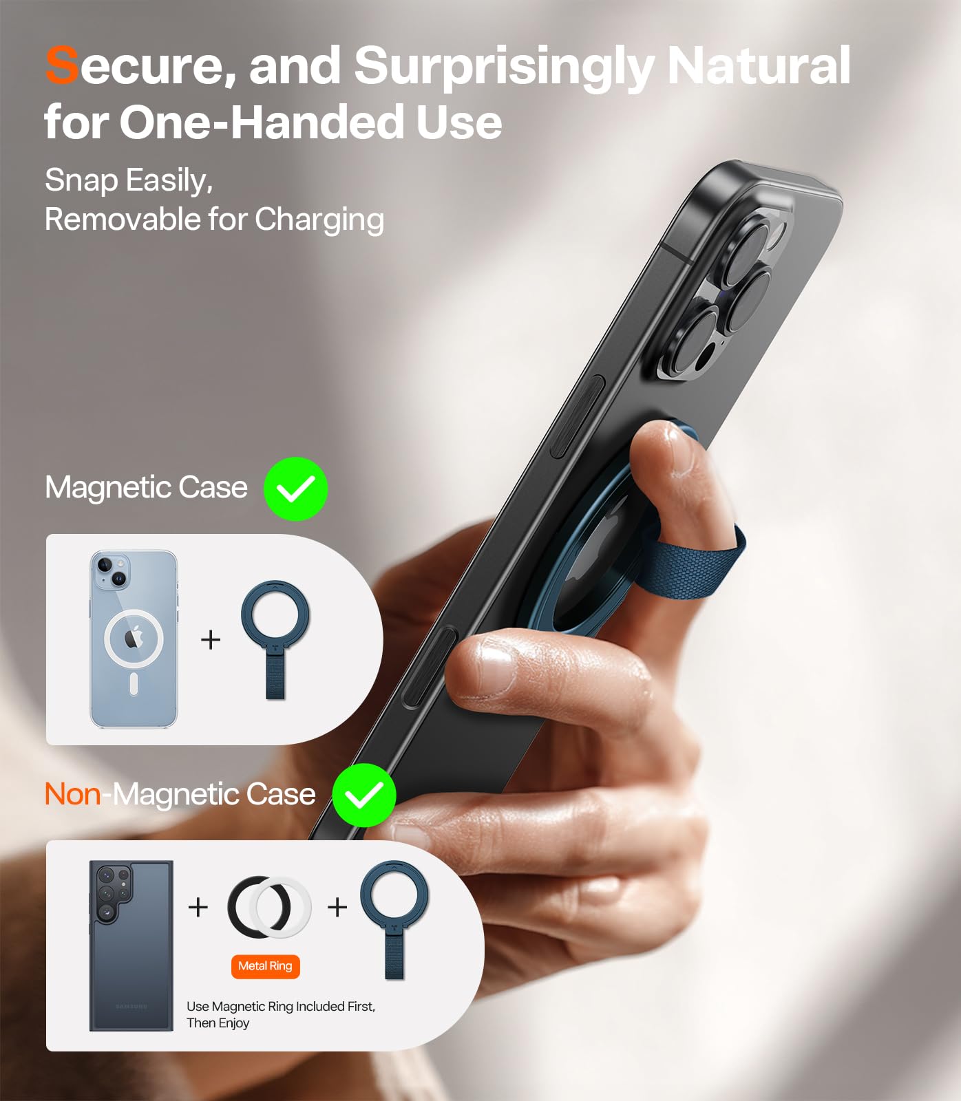 TORRAS 2025 Upgrade (Gen 6.0) Magnetic Phone Grip Holder Kickstand with Braided Strap, Fit for MagSafe Ring Removable, for iPhone 17 16,15, 14, 13 12 Samsung Galaxy, Google, Ostand Ring, Navy Blue - Image 7