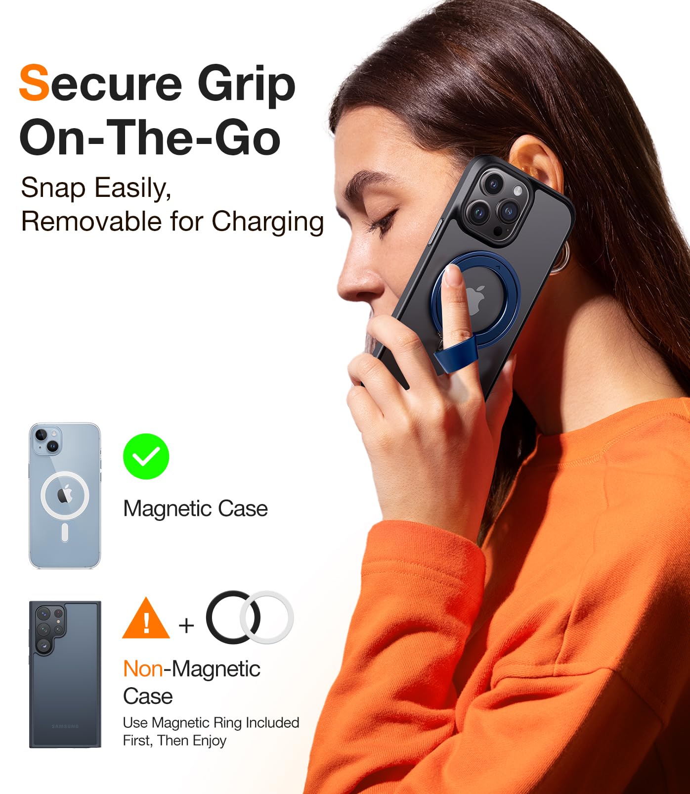 TORRAS 2025 Upgrade (Gen 6.0) Magnetic Phone Grip Holder Kickstand with Braided Strap, Fit for MagSafe Ring Removable, for iPhone 17 16,15, 14, 13 12 Samsung Galaxy, Google, Ostand Ring, Navy Blue - Image 8