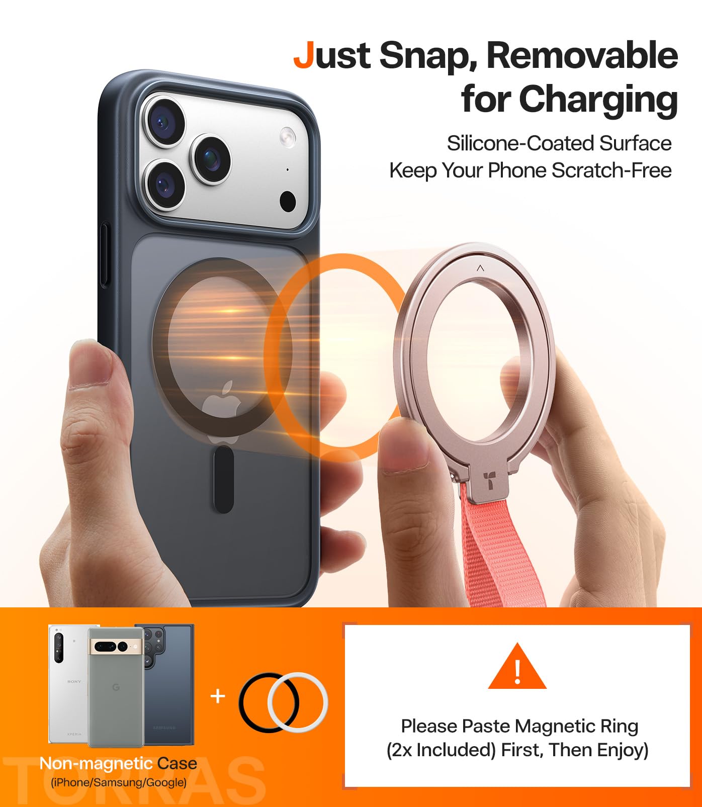 TORRAS 2025 Upgrade (Gen 6.0) Magnetic Phone Grip Holder Kickstand with Braided Strap, Fit for MagSafe Ring Removable, for iPhone 17 16,15, 14, 13 12 Pro/Max Samsung, Google (Rose Gold), Ostand Ring - Image 6