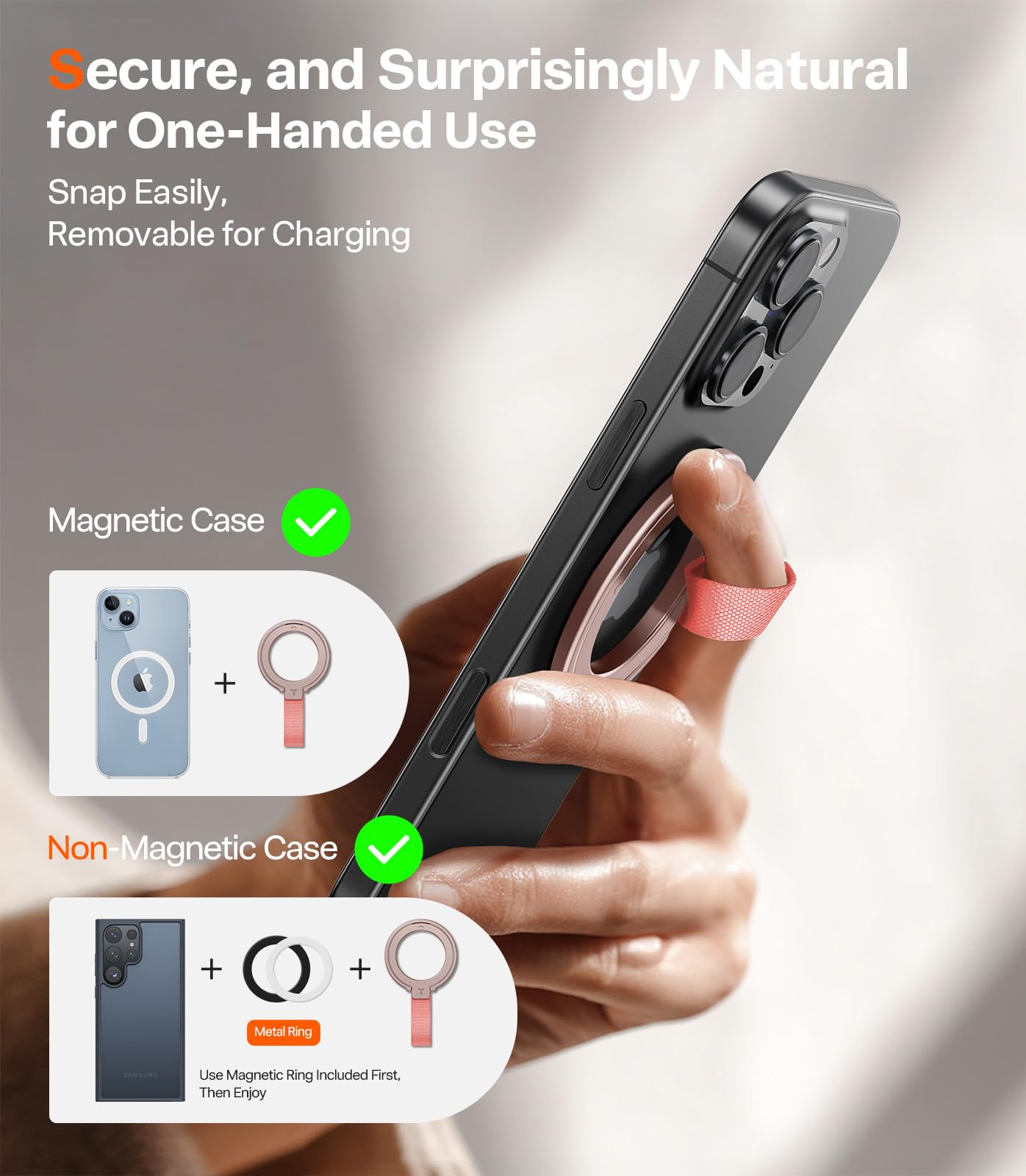 TORRAS 2025 Upgrade (Gen 6.0) Magnetic Phone Grip Holder Kickstand with Braided Strap, Fit for MagSafe Ring Removable, for iPhone 17 16,15, 14, 13 12 Pro/Max Samsung, Google (Rose Gold), Ostand Ring - Image 7