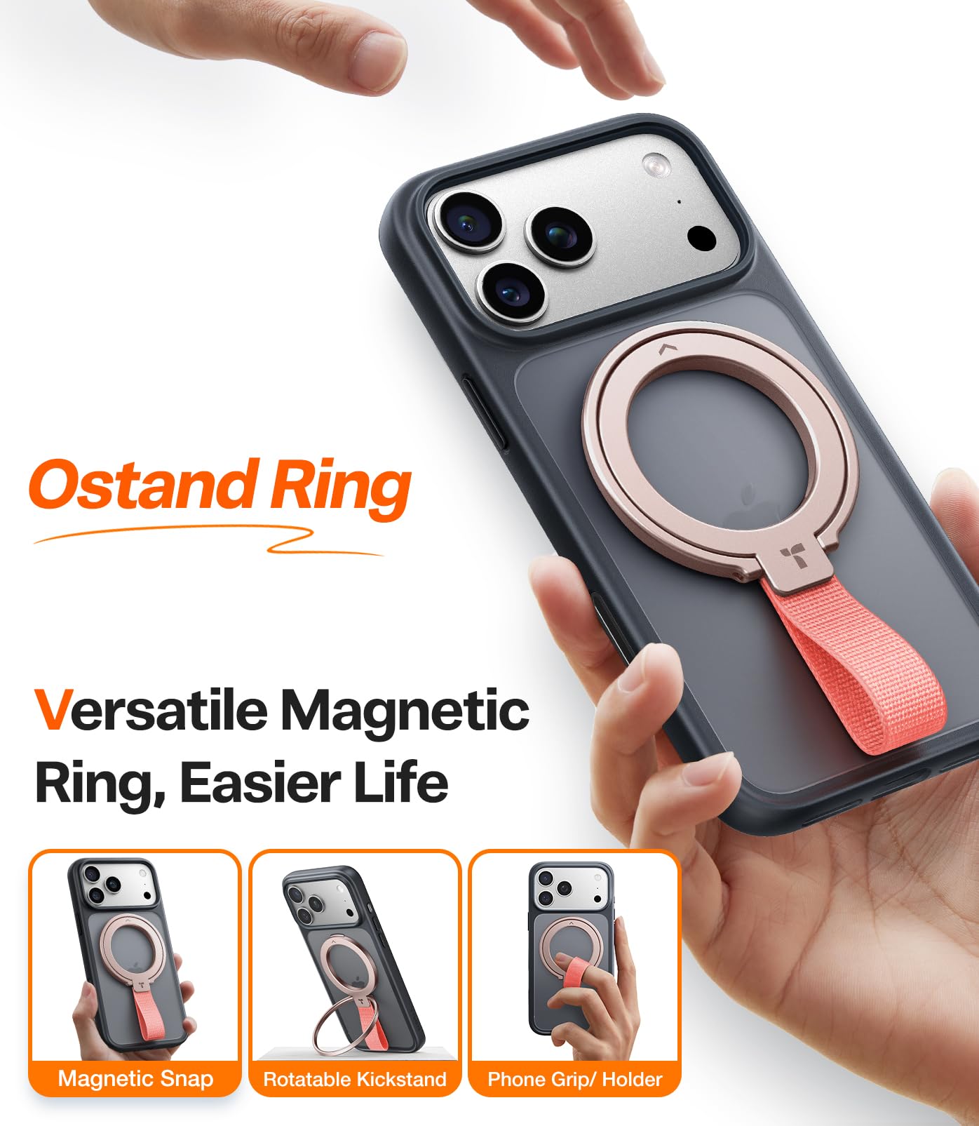 TORRAS 2025 Upgrade (Gen 6.0) Magnetic Phone Grip Holder Kickstand with Braided Strap, Fit for MagSafe Ring Removable, for iPhone 17 16,15, 14, 13 12 Pro/Max Samsung, Google (Rose Gold), Ostand Ring - Image 9