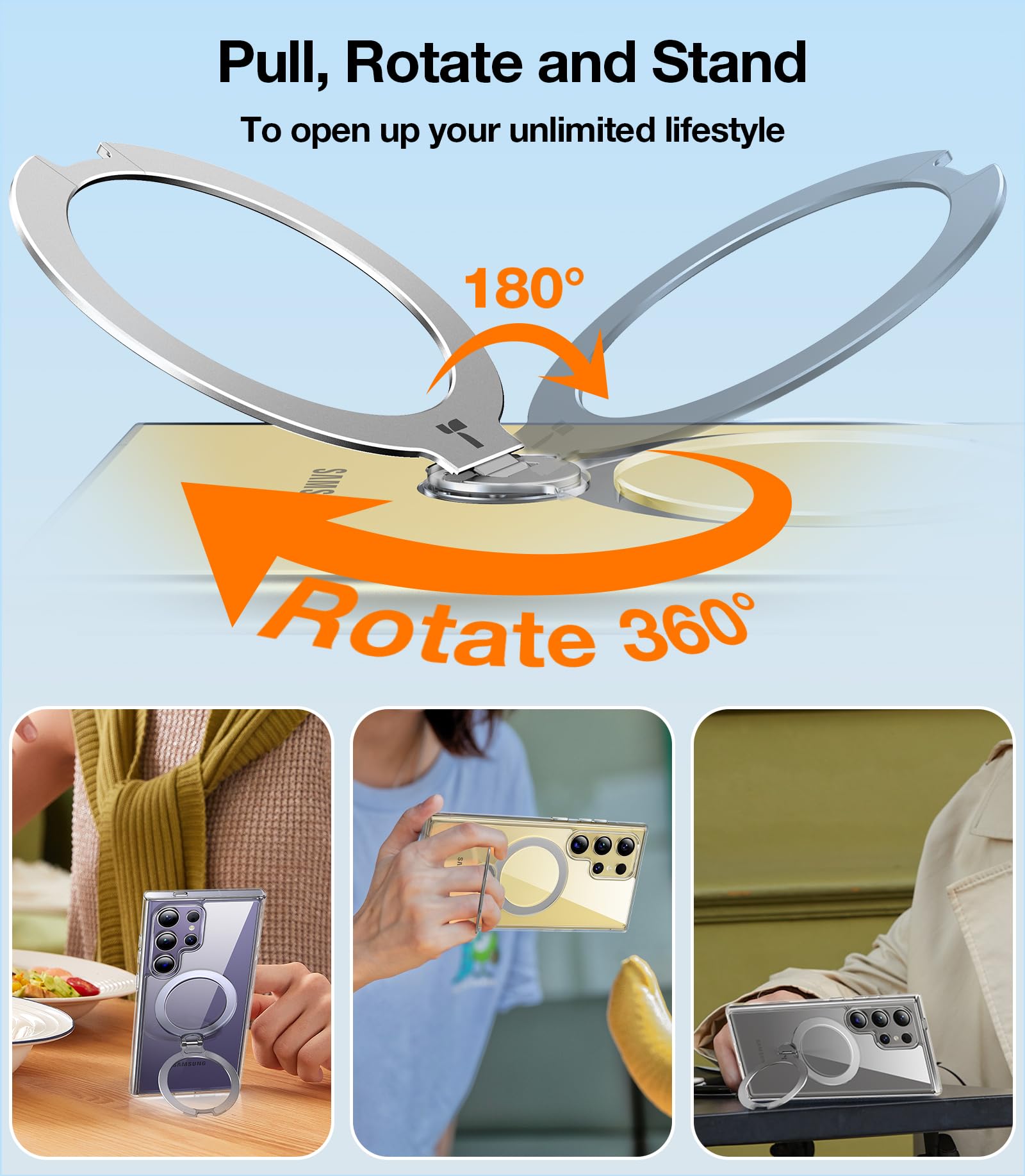 TORRAS 360°Spin Magnetic Kickstand for Samsung Galaxy S24 Ultra Case, Compatible with Magsafe, Transparent Slim Protective S24 Ultra Phone Case with Stand&Ring Holder, Ostand Spin, Clear - Image 3