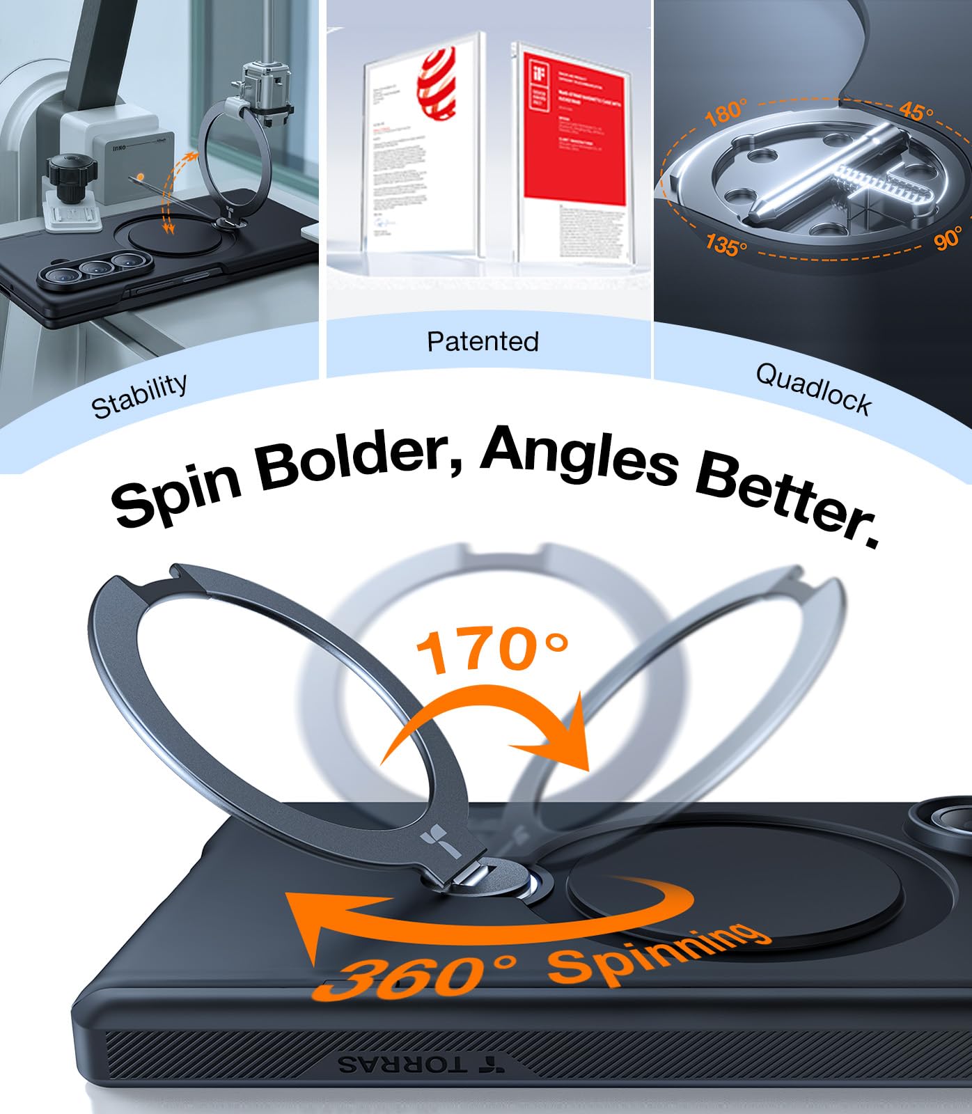 TORRAS 360 Spin Magnetic Stand for Galaxy Z Fold 7 Case, MIL-Grade Hinge Protection, Fit for Magsafe, 360 Kickstand & Ring Holder, Armor Hard Slim Case for Samsung Galaxy Z Fold 7, Black - Image 3