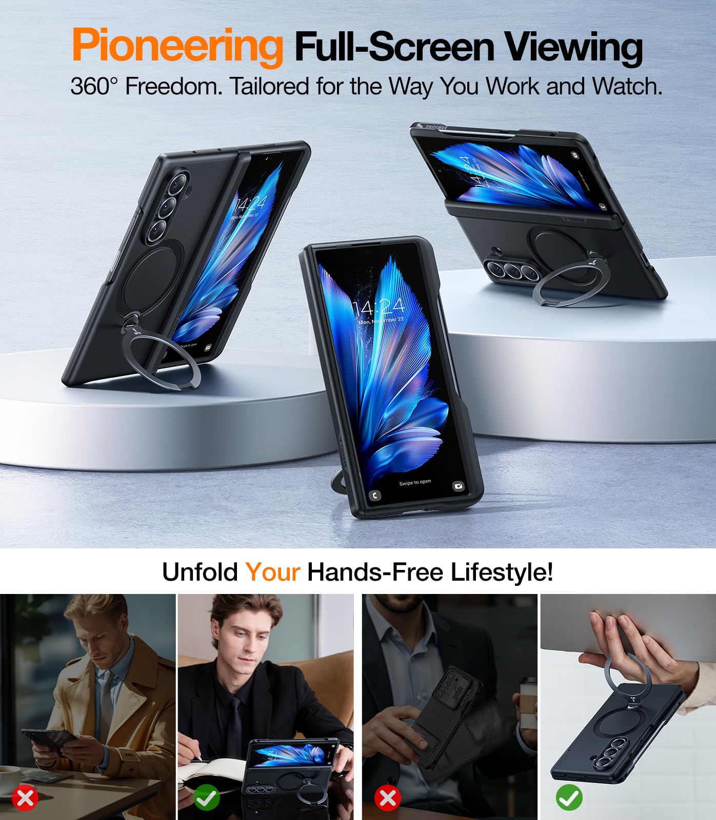 TORRAS 360 Spin Magnetic Stand for Galaxy Z Fold 7 Case with S Pen Holder, [MIL-Grade Hinge Protection] [Fit for Magsafe] [360 Kickstand & Ring Holder], Armor Slim for Samsung Galaxy Z Fold 7, Black - Image 3