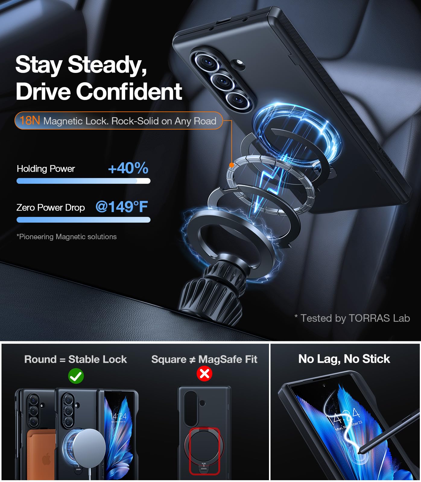 TORRAS 360 Spin Magnetic Stand for Galaxy Z Fold 7 Case with S Pen Holder, [MIL-Grade Hinge Protection] [Fit for Magsafe] [360 Kickstand & Ring Holder], Armor Slim for Samsung Galaxy Z Fold 7, Black - Image 5