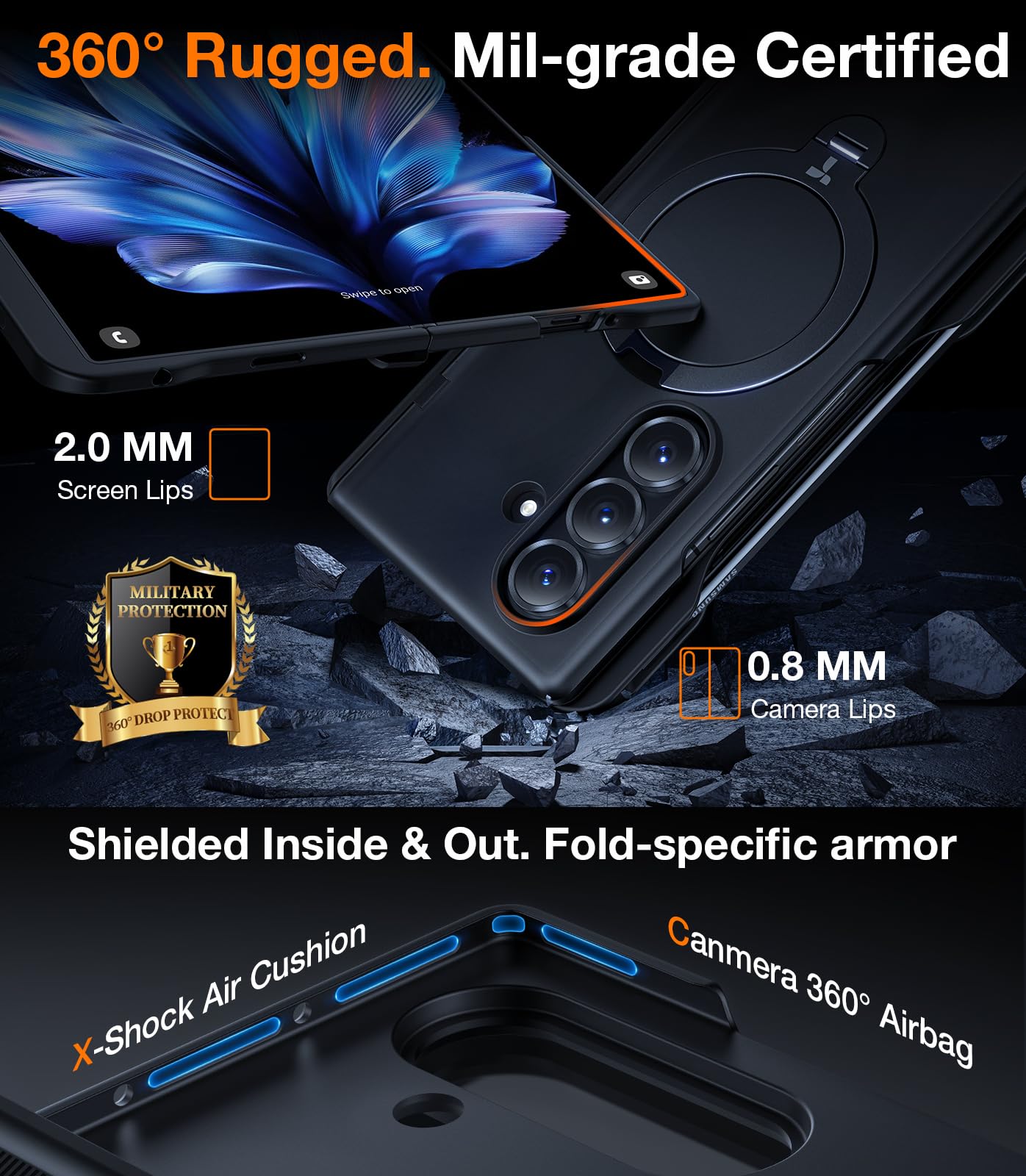 TORRAS 360 Spin Magnetic Stand for Galaxy Z Fold 7 Case with S Pen Holder, [MIL-Grade Hinge Protection] [Fit for Magsafe] [360 Kickstand & Ring Holder], Armor Slim for Samsung Galaxy Z Fold 7, Black - Image 6