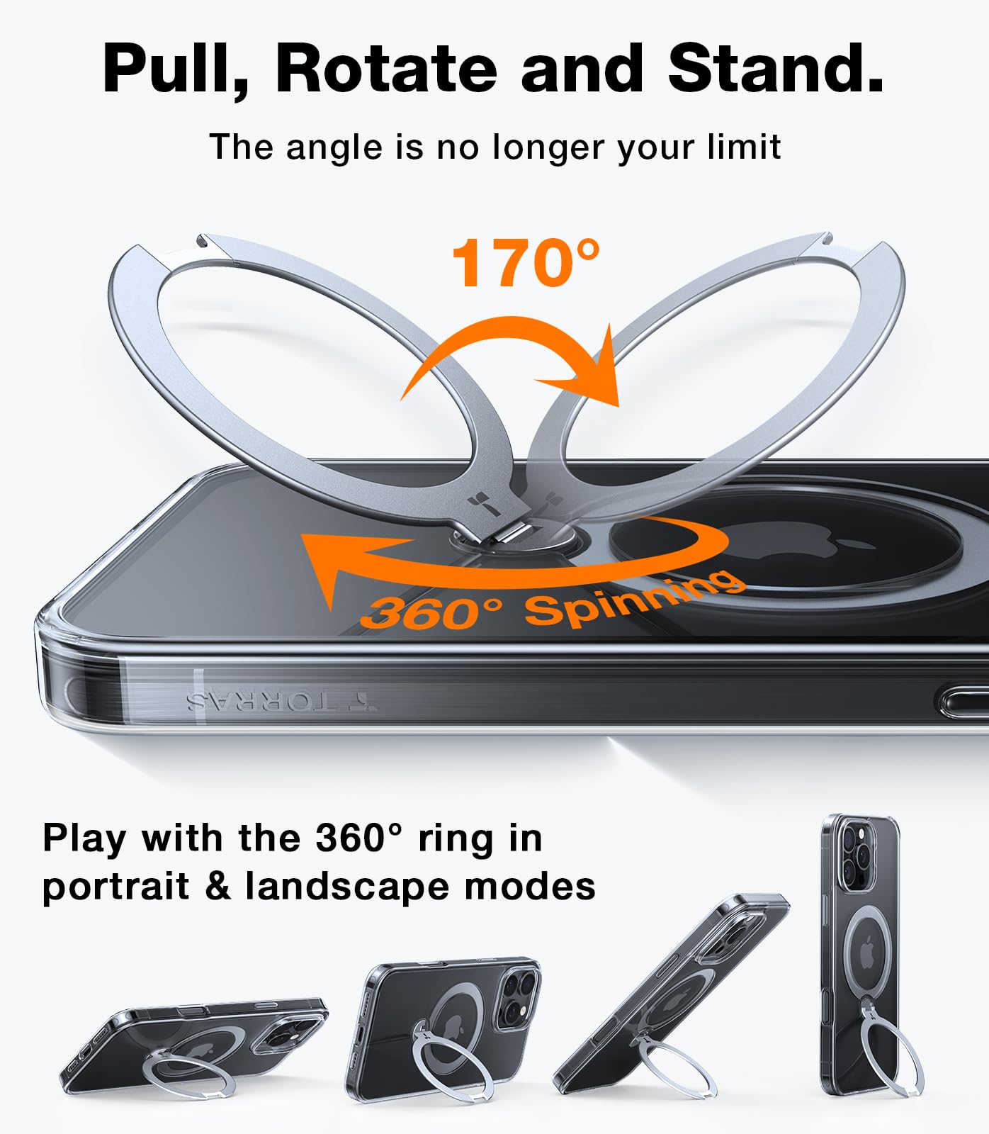 TORRAS 360 Spin Magnetic Stand for iPhone 16 Pro Case, 6.3", Compatible with MagSafe, Mil-Grade Protective Hard PC Soft Edge Case for iPhone 16 Pro, Built-in Kickstand & Ring Holder, Clear 2024 - Image 4