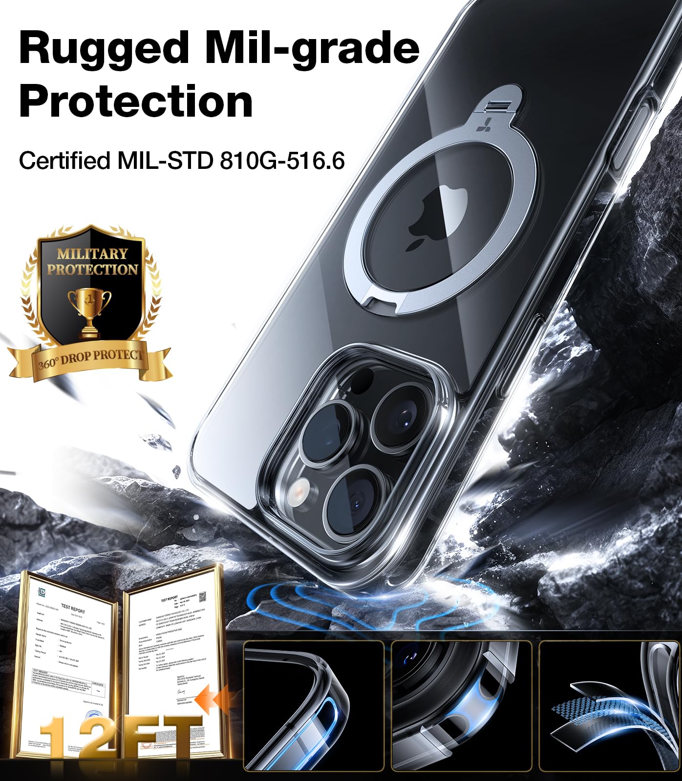 TORRAS 360 Spin Magnetic Stand for iPhone 16 Pro Case, 6.3", Compatible with MagSafe, Mil-Grade Protective Hard PC Soft Edge Case for iPhone 16 Pro, Built-in Kickstand & Ring Holder, Clear 2024 - Image 6