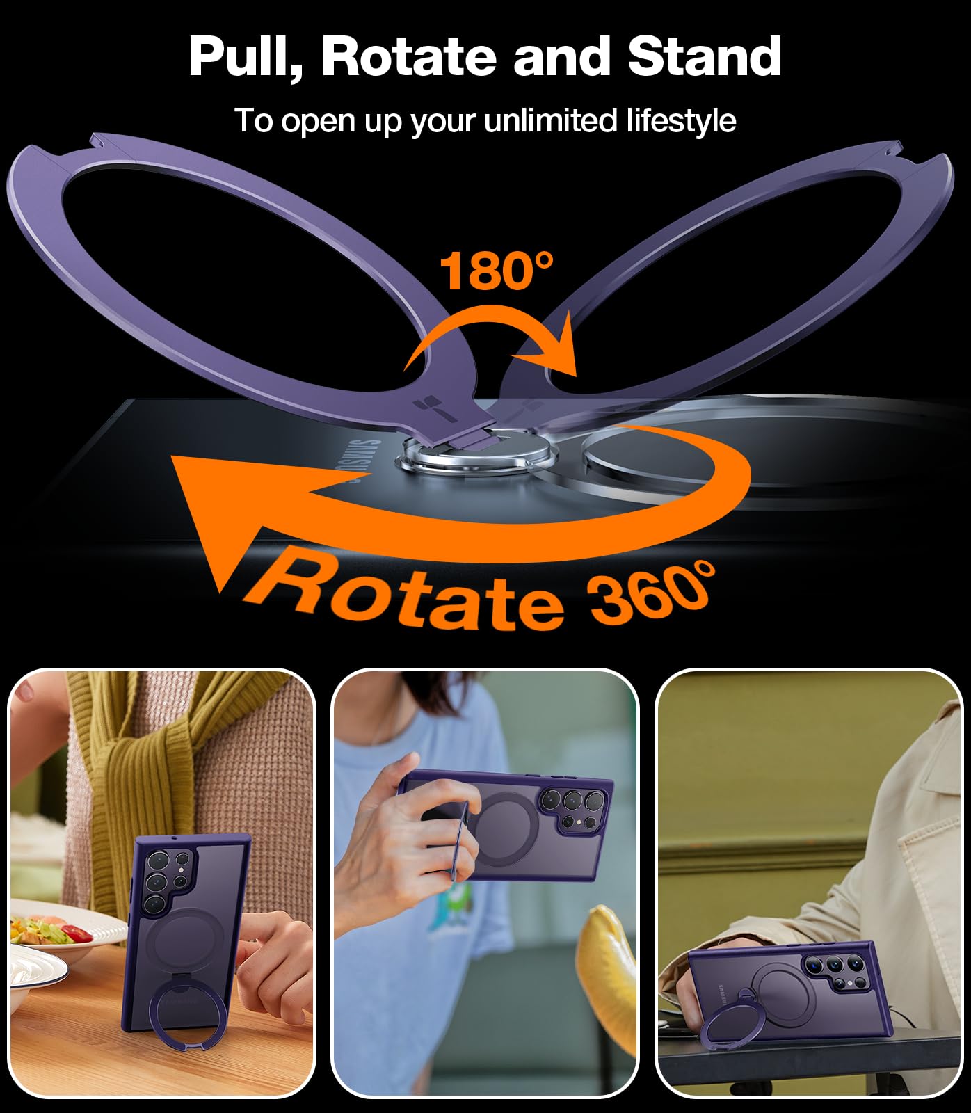 TORRAS 360°Spin Magnetic Stand for Samsung Galaxy S24 Ultra Case, Compatible with Magsafe, Shockproof Military Grade Protective Slim Galaxy S24 Ultra Phone Case with Kickstand & Ring Holder, Purple - Image 3