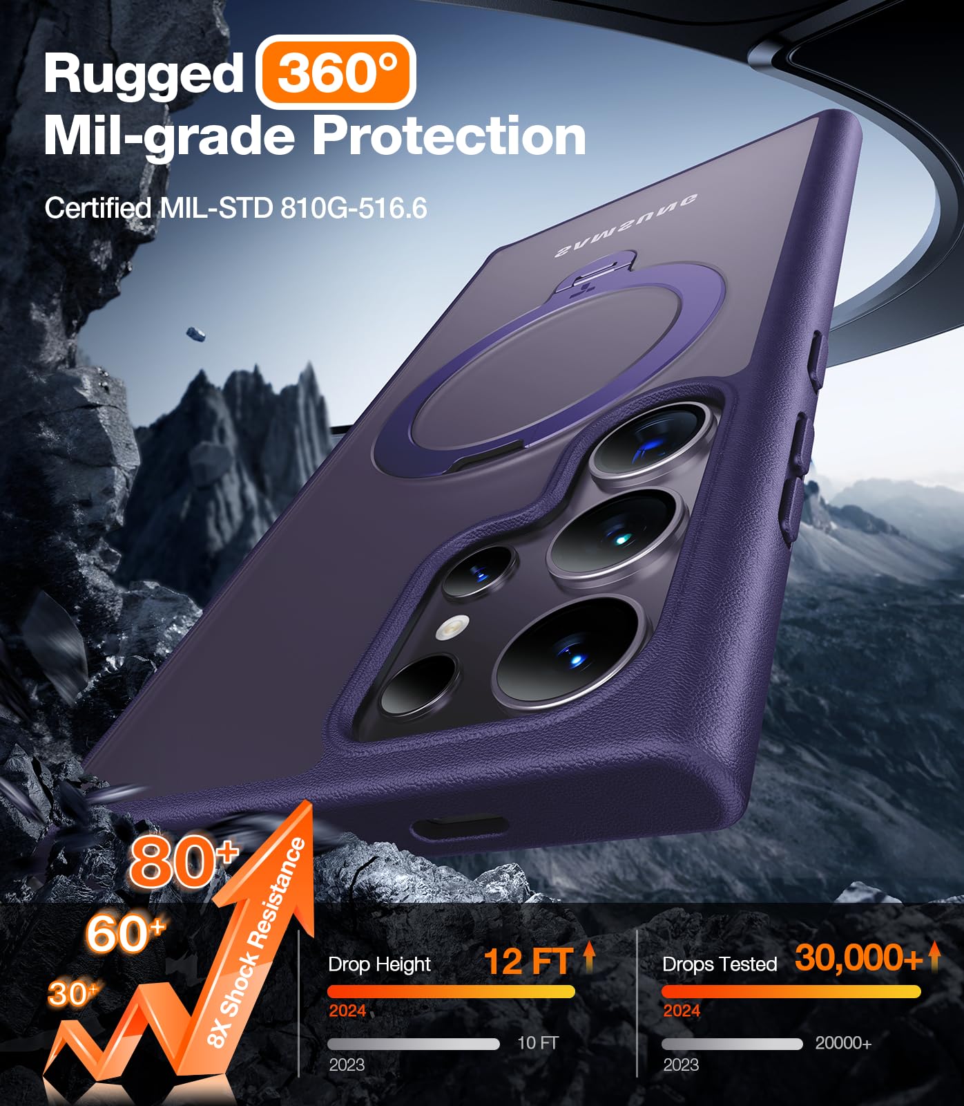 TORRAS 360°Spin Magnetic Stand for Samsung Galaxy S24 Ultra Case, Compatible with Magsafe, Shockproof Military Grade Protective Slim Galaxy S24 Ultra Phone Case with Kickstand & Ring Holder, Purple - Image 5