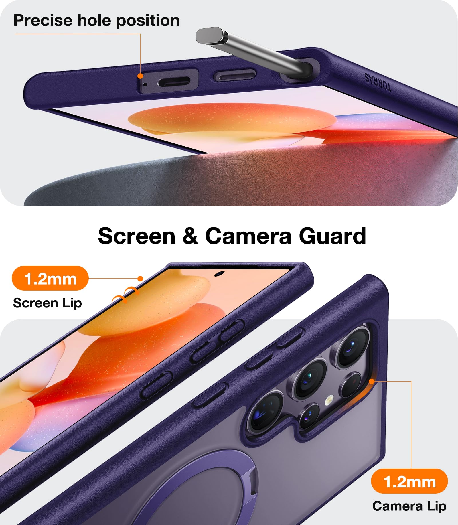 TORRAS 360°Spin Magnetic Stand for Samsung Galaxy S24 Ultra Case, Compatible with Magsafe, Shockproof Military Grade Protective Slim Galaxy S24 Ultra Phone Case with Kickstand & Ring Holder, Purple - Image 6