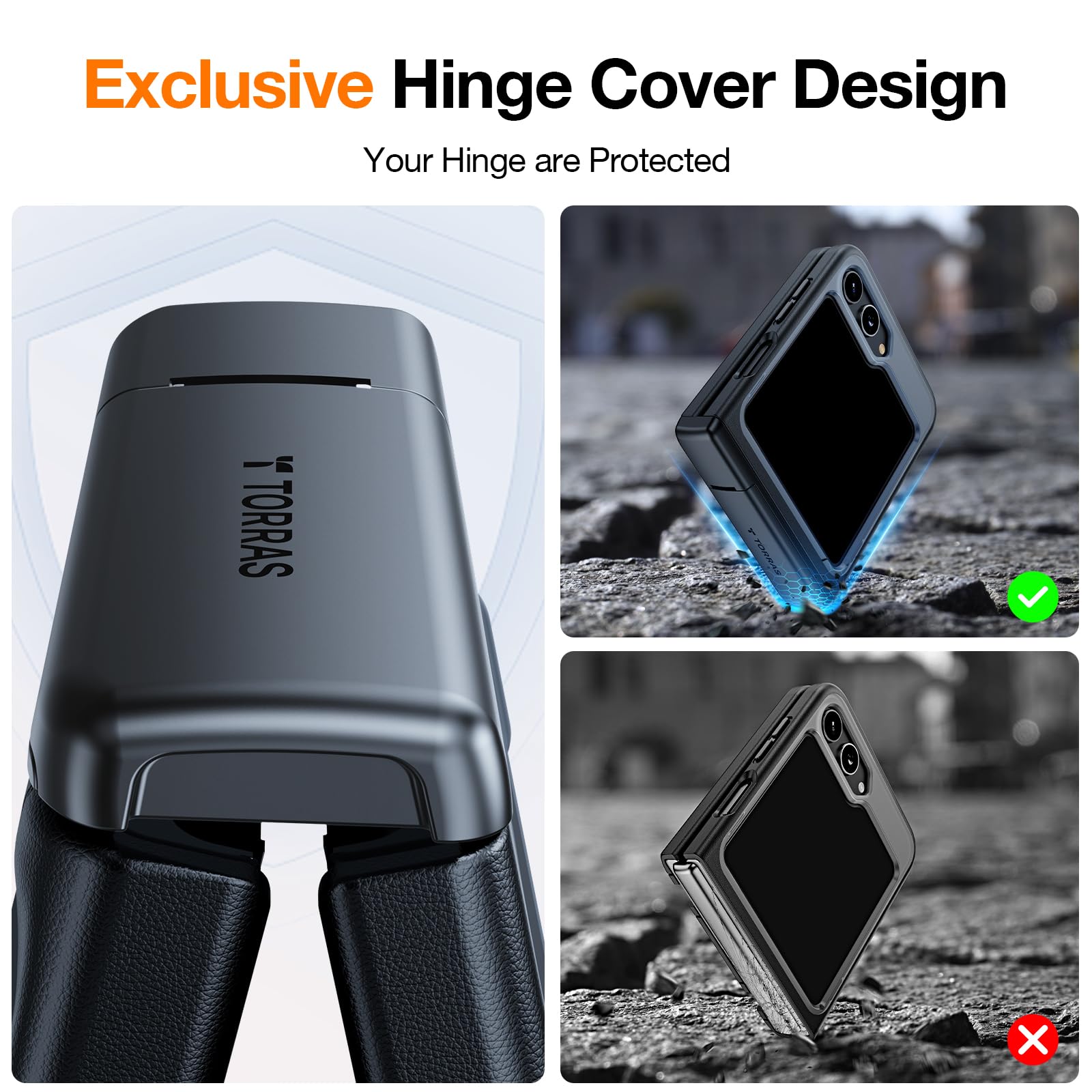 TORRAS Armor Stand for Samsung Galaxy Z Flip 5 Case with Hinge Cover & Build-in Stand, Military Grade Drop Protection, Heavy Duty Matte Hard Slim Case for Samsung Flip 5 Case Black - Image 3