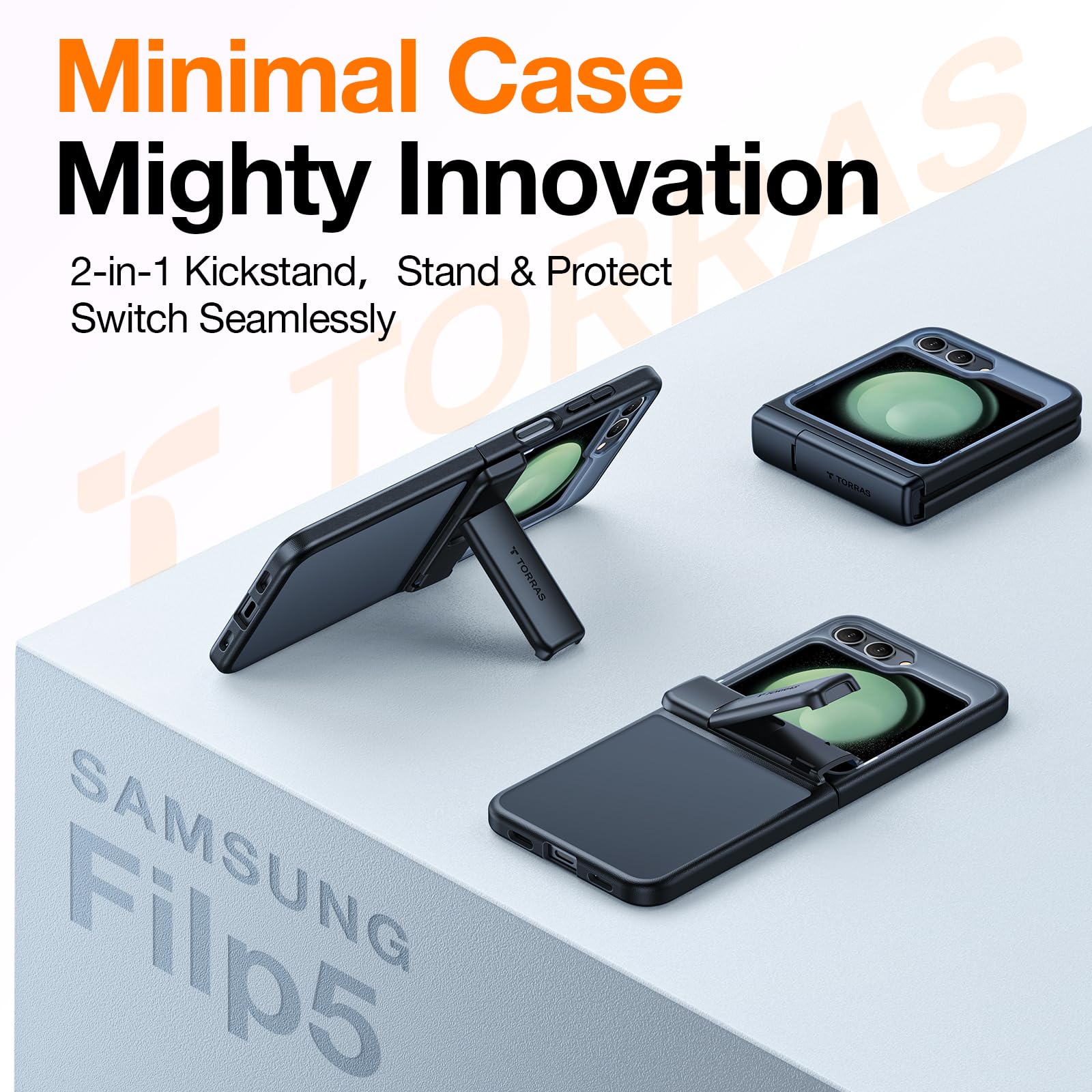 TORRAS Armor Stand for Samsung Galaxy Z Flip 5 Case with Hinge Cover & Build-in Stand, Military Grade Drop Protection, Heavy Duty Matte Hard Slim Case for Samsung Flip 5 Case Black - Image 7