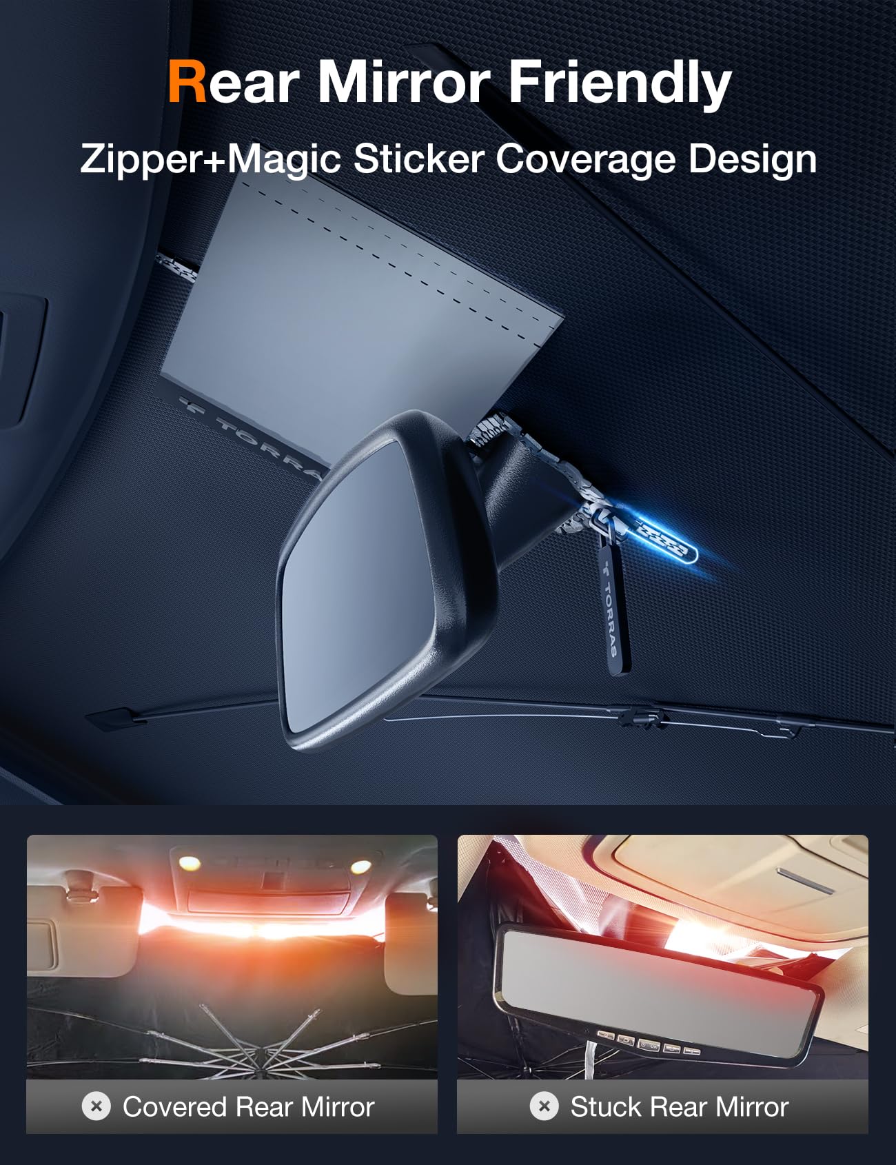 TORRAS Car Windshield Sun Shade Umbrella with Organizer Foldable Shades for Front Window Cover with Mirror Zipper Block UV Rays & Heat Fit Most Vehicles,Keep Cool M(56 * 33inch) - Image 3