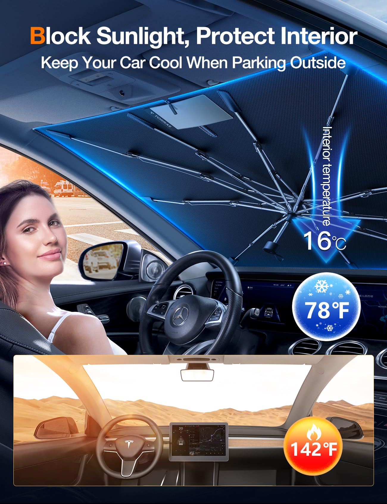 TORRAS Car Windshield Sun Shade Umbrella with Organizer Foldable Shades for Front Window Cover with Mirror Zipper Block UV Rays & Heat Fit Most Vehicles,Keep Cool M(56 * 33inch) - Image 4