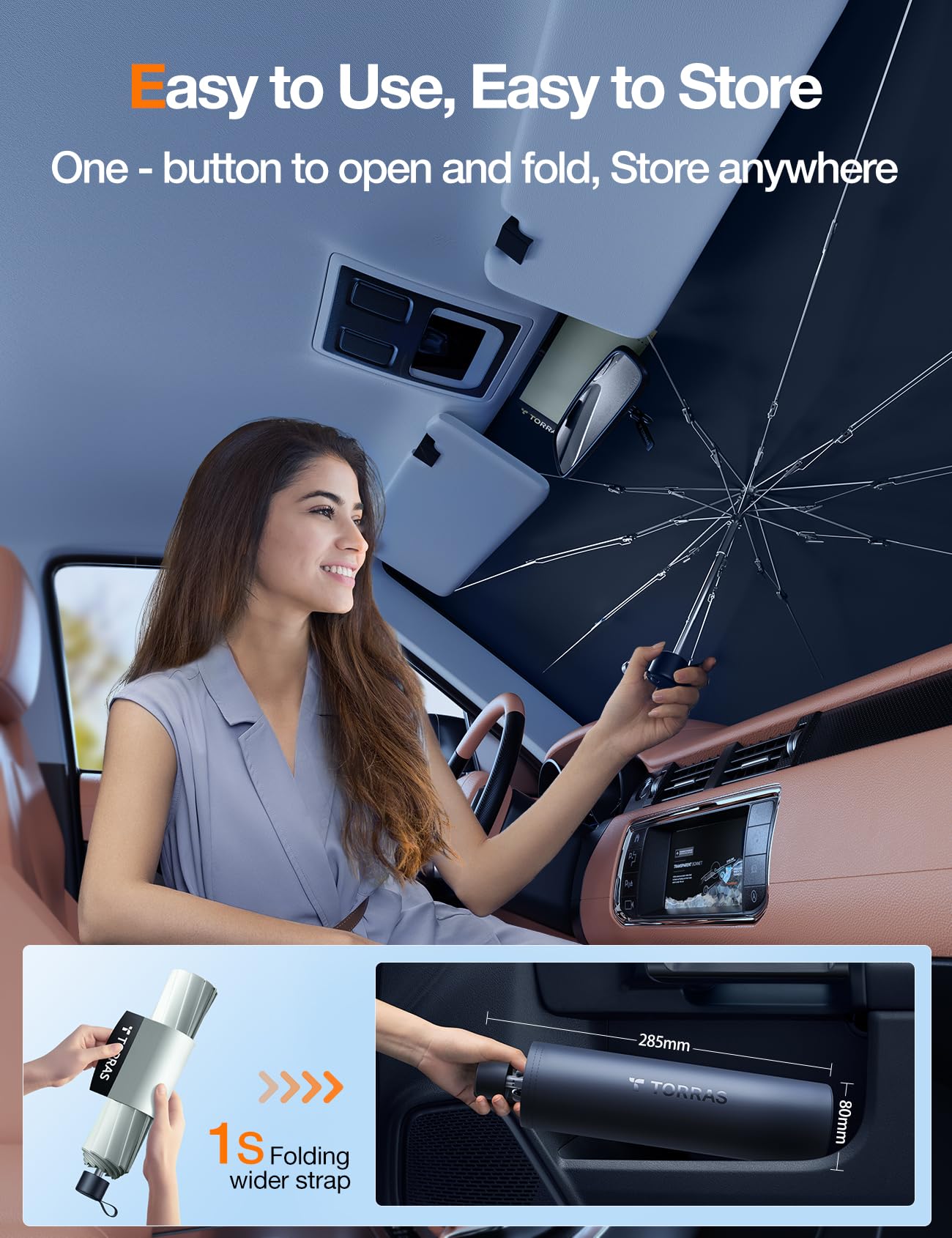 TORRAS Car Windshield Sun Shade Umbrella with Organizer Foldable Shades for Front Window Cover with Mirror Zipper Block UV Rays & Heat Fit Most Vehicles,Keep Cool M(56 * 33inch) - Image 7