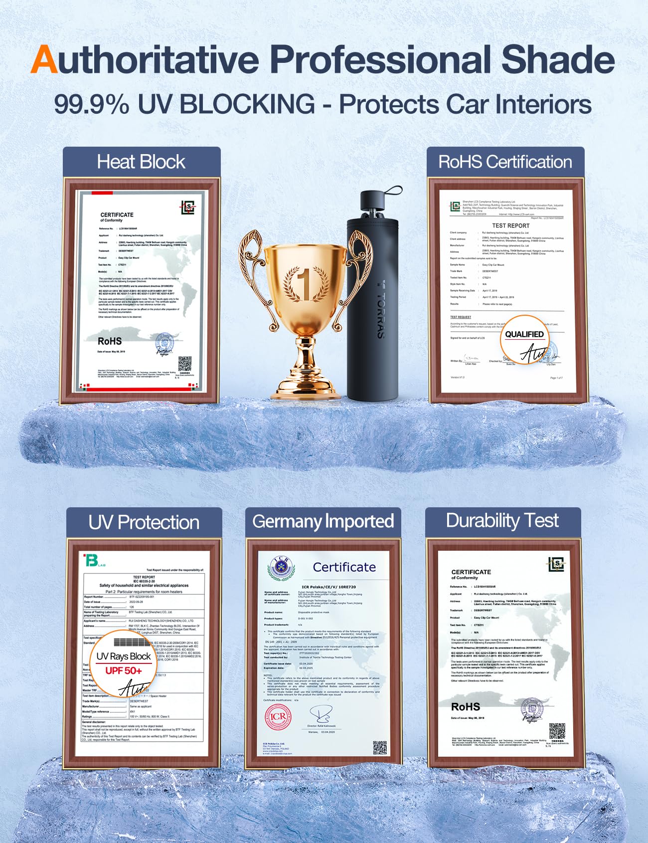 TORRAS Car Windshield Sun Shade Umbrella with Organizer Foldable Shades for Front Window Cover with Mirror Zipper Block UV Rays & Heat Fit Most Vehicles,Keep Cool M(56 * 33inch) - Image 8