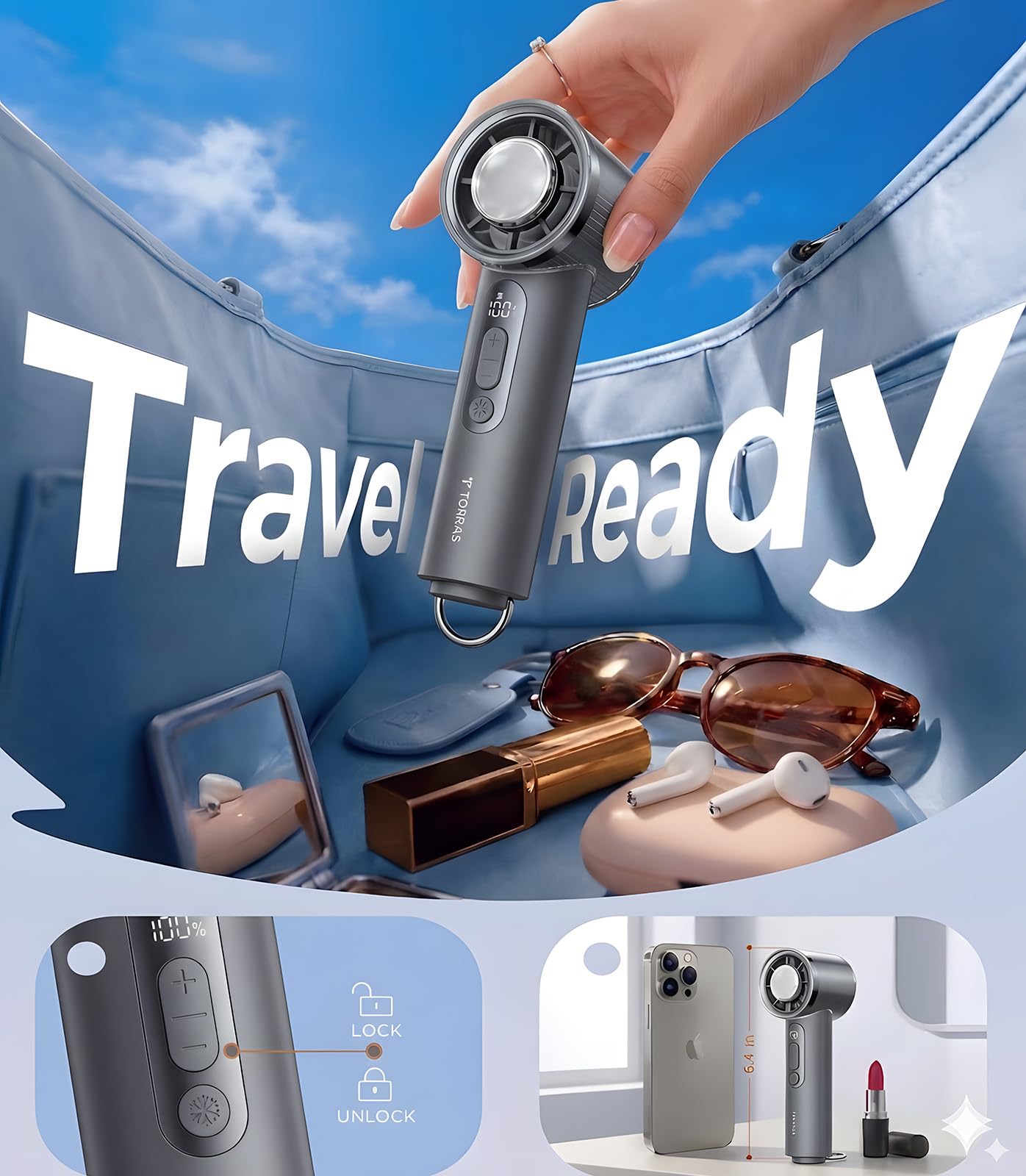 TORRAS COOLiFY iva Handheld Fan with Ice Cooler, 0-100 Adjustable Speed, Super Mini Powerful Portable Fan 5000mAh Rechargeable, Hand Fans for Travel Essentials, Outdoor, Gift for Dad Women, Charcoal - Image 9