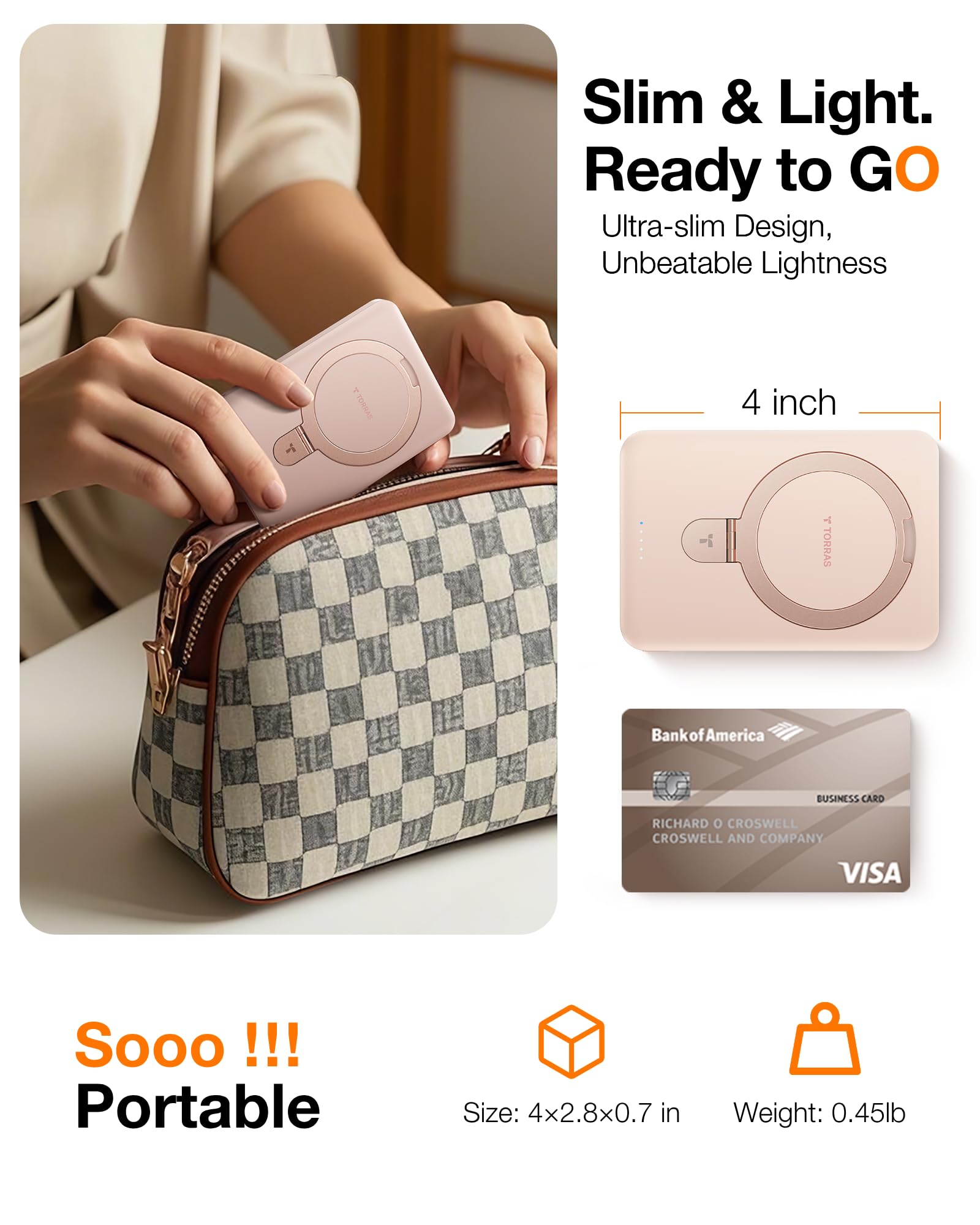 TORRAS EasyGo 10000mAh Magnetic Portable Charger Power Bank for iPhone, Fast Charging Travel Essential Wireless Battery Pack with Stand Compatible with Magsafe,17 Pro Max,Pro,16,15,14,13,12, Rose Gold - Image 4