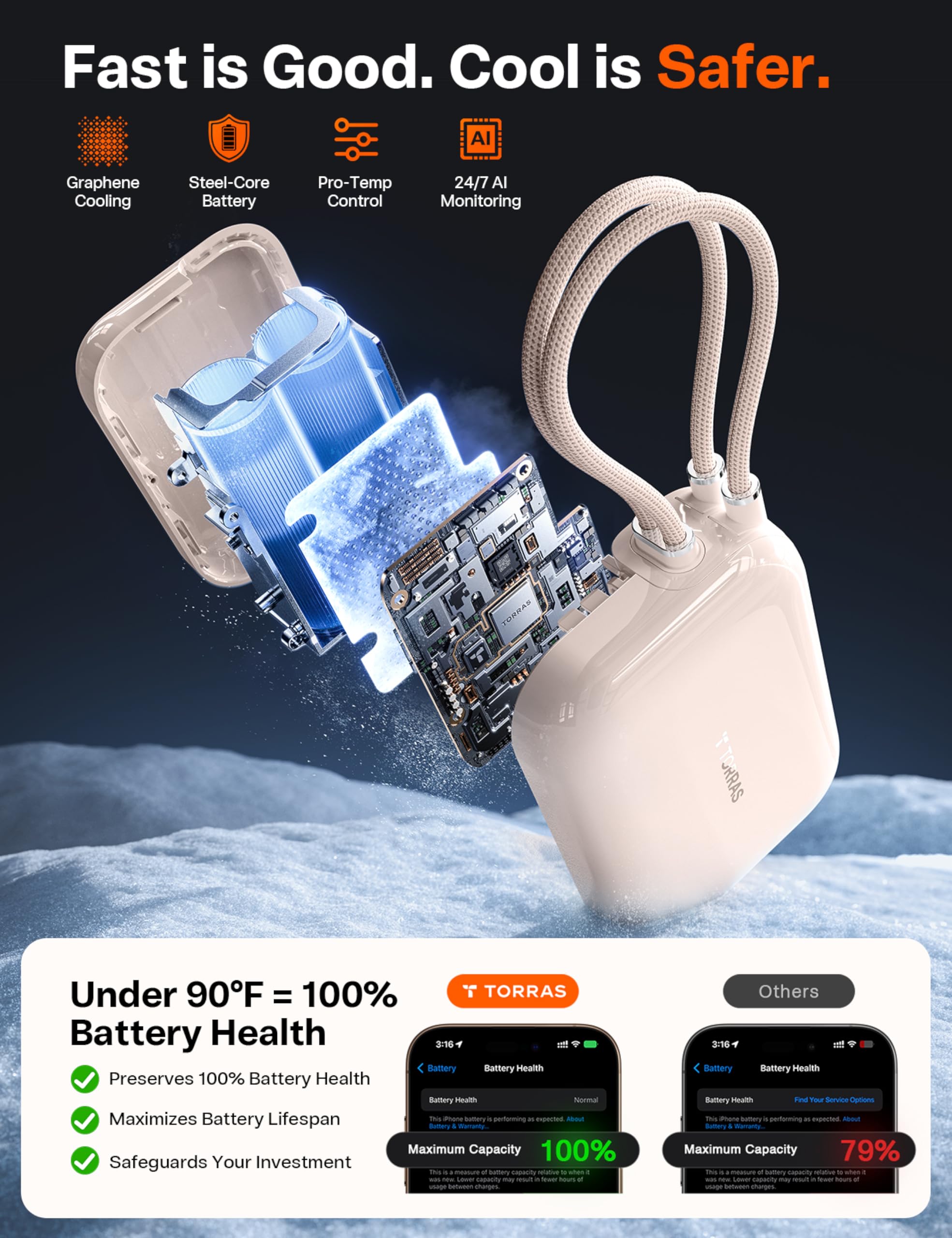 TORRAS EasyGo for iPhone 17 Portable Charger 10000mAh, 45W Ultra-Ice Fast Charging USB-C Power Bank with Dual Built-in Cables, Battery Pack Compatible with iPhone 17/16/15 Pro, Samsung S26 S26+ Ultra - Image 3