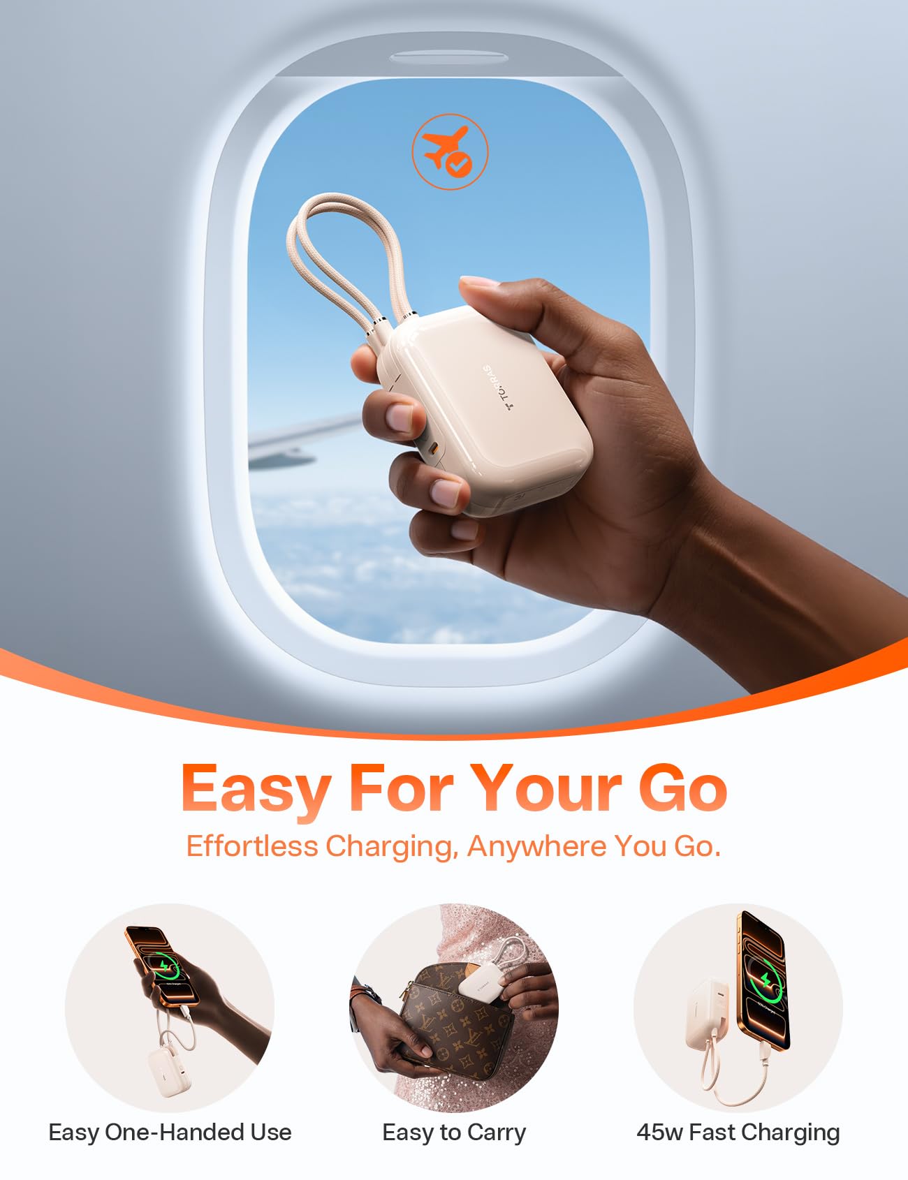 TORRAS EasyGo for iPhone 17 Portable Charger 10000mAh, 45W Ultra-Ice Fast Charging USB-C Power Bank with Dual Built-in Cables, Battery Pack Compatible with iPhone 17/16/15 Pro, Samsung S26 S26+ Ultra - Image 7