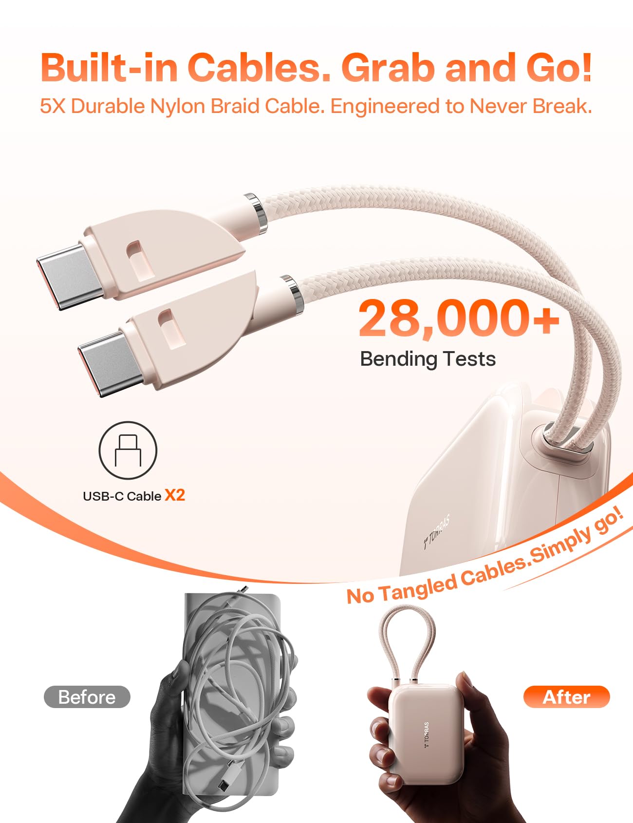 TORRAS EasyGo for iPhone 17 Portable Charger 10000mAh, 45W Ultra-Ice Fast Charging USB-C Power Bank with Dual Built-in Cables, Battery Pack Compatible with iPhone 17/16/15 Pro, Samsung S26 S26+ Ultra - Image 8