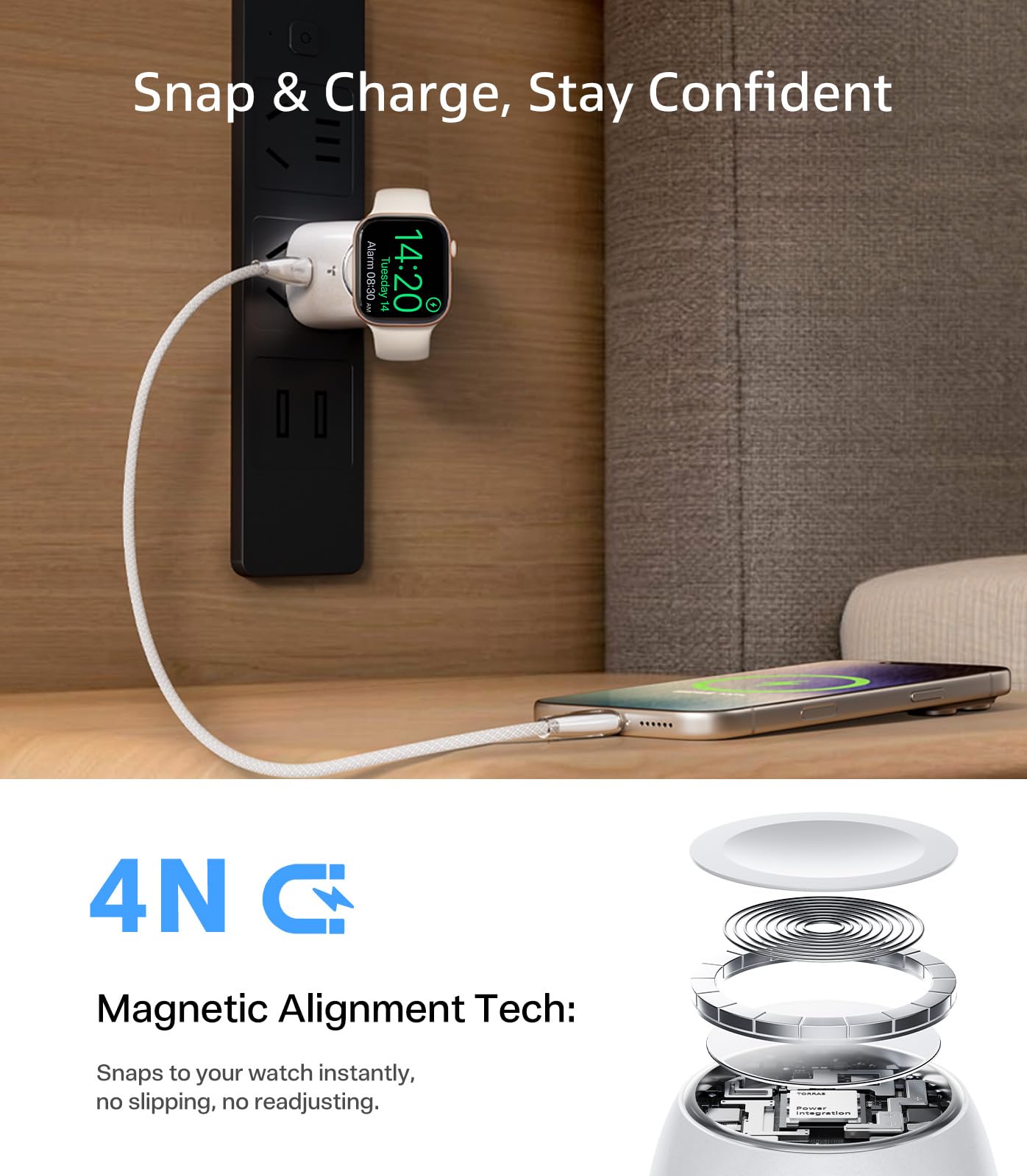 TORRAS Flasheye for Apple Watch Charger & iPhone Charger, 2-in-1 GaN 45W USB C Phone Charger, Foldable Compact Wall Charger Block for Travel, Bedside, Fast Charging for iPhone,iPad,AirPods, Warm White - Image 4