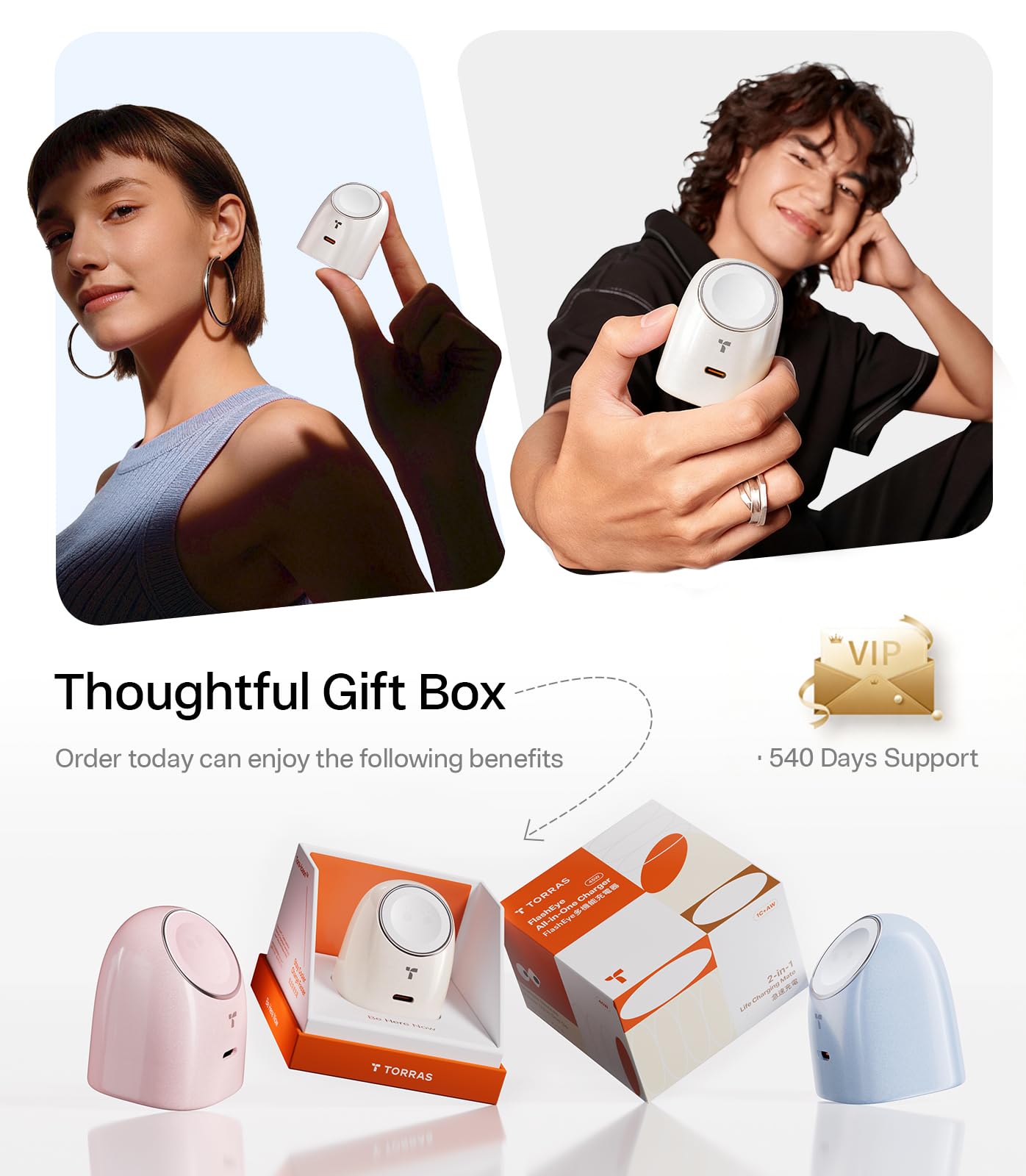 TORRAS Flasheye for Apple Watch Charger & iPhone Charger, 2-in-1 GaN 45W USB C Phone Charger, Foldable Compact Wall Charger Block for Travel, Bedside, Fast Charging for iPhone,iPad,AirPods, Warm White - Image 5