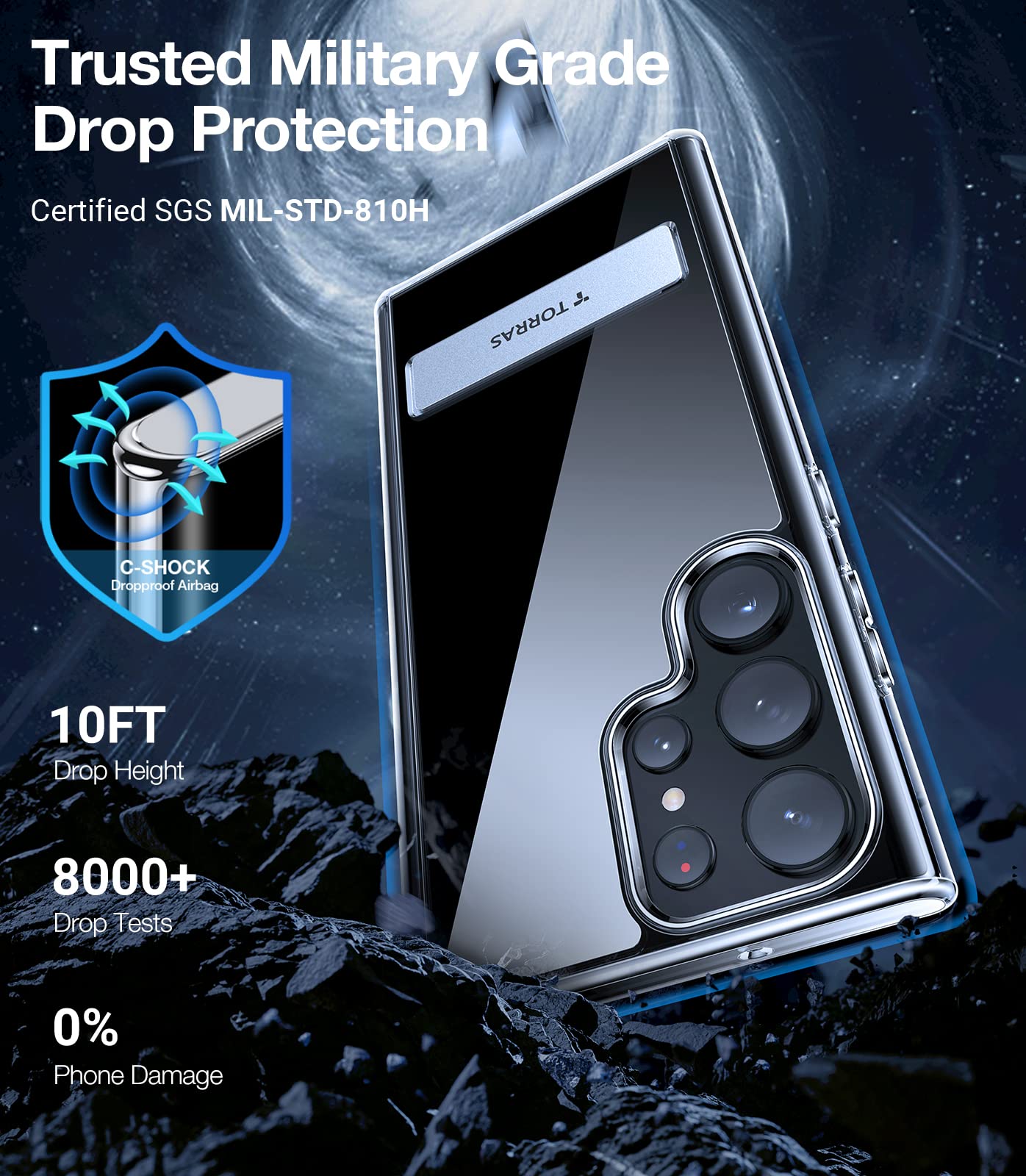 TORRAS for Samsung Galaxy S23 Ultra Case Clear with Kickstand Never Yellowing, [3-Way Built-in Kickstand] [10FT MIL-Grade Shockproof] Slim Clear Case for Samsung S23 Phone Ultra Case, Diamond Clear - Image 3