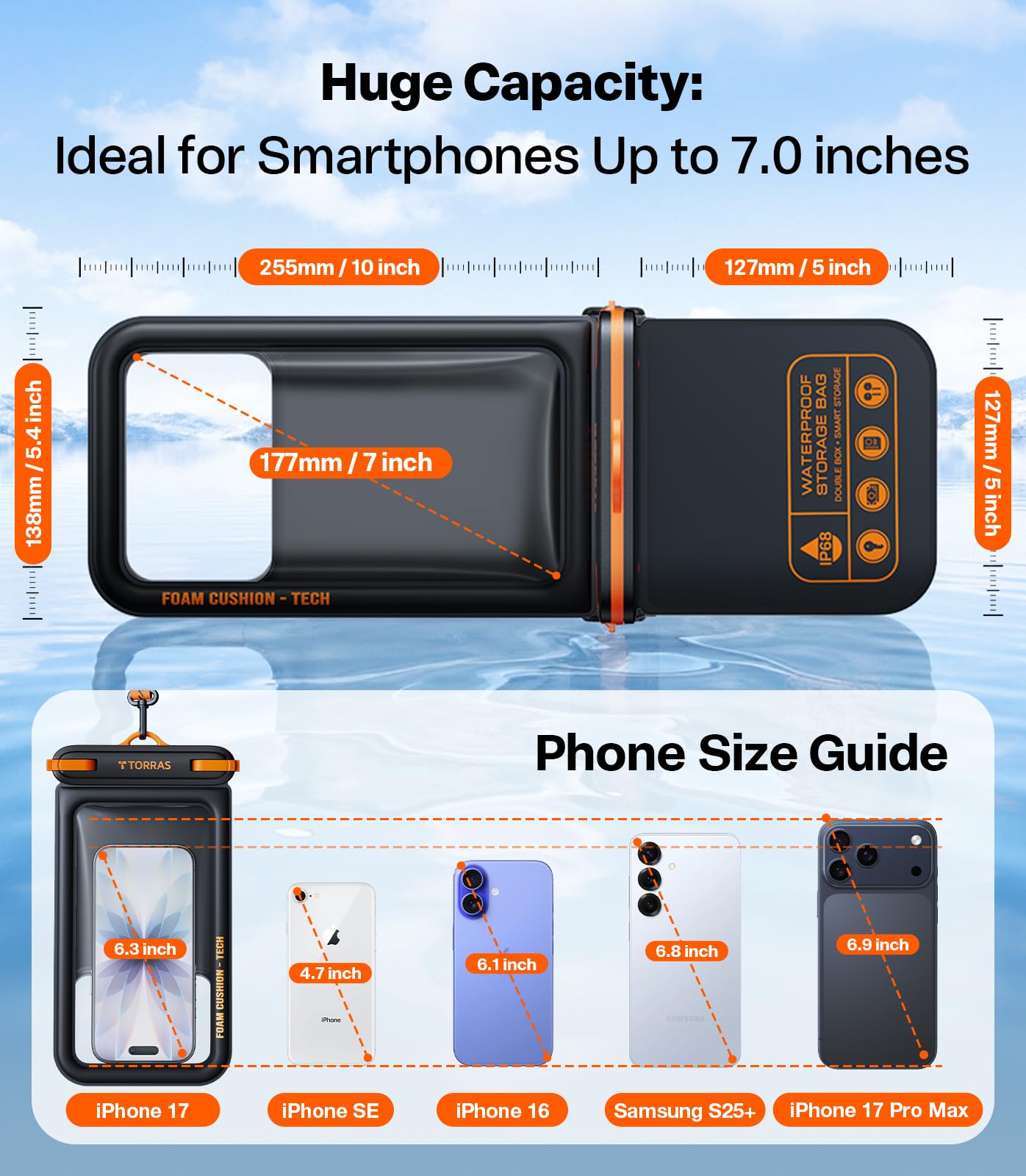 TORRAS IP68 Waterproof Phone Pouch Double Space, Floating Waterproof Phone Case with Lanyard for iPhone 17 Pro Max 16 15 14 S26 S25, Phone Dry Bag Vacation Cruise Ship Travel Essentials 7.0'', Black - Image 7