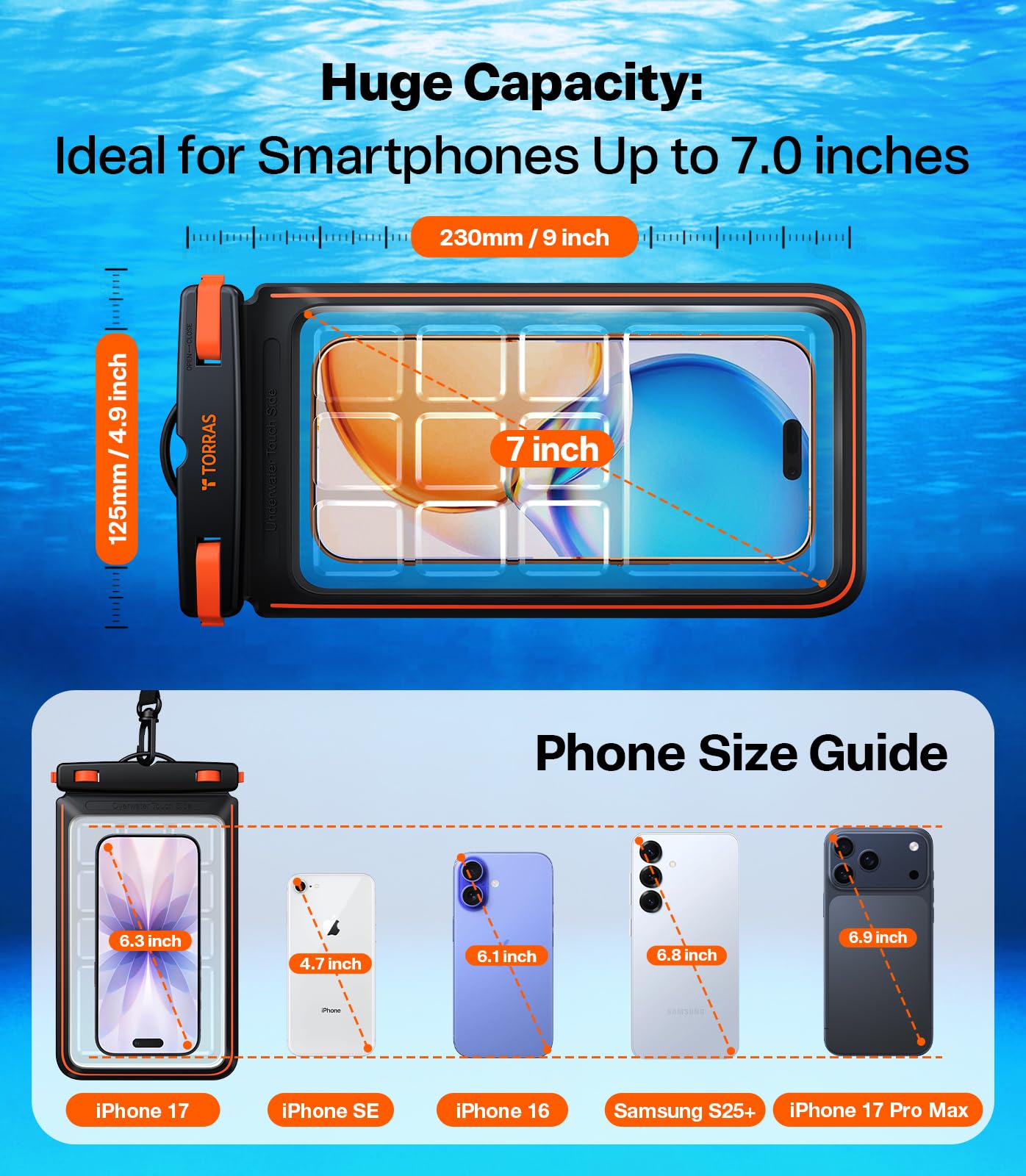 TORRAS IPX8 Waterproof Phone Pouch Floating, Underwater Screen Touchable, Water Proof Case with Lanyard for iPhone 17 Pro Max 16 S26, Cellphone Dry Bag Cruise Essentials 7.0 inch, Black - Image 8