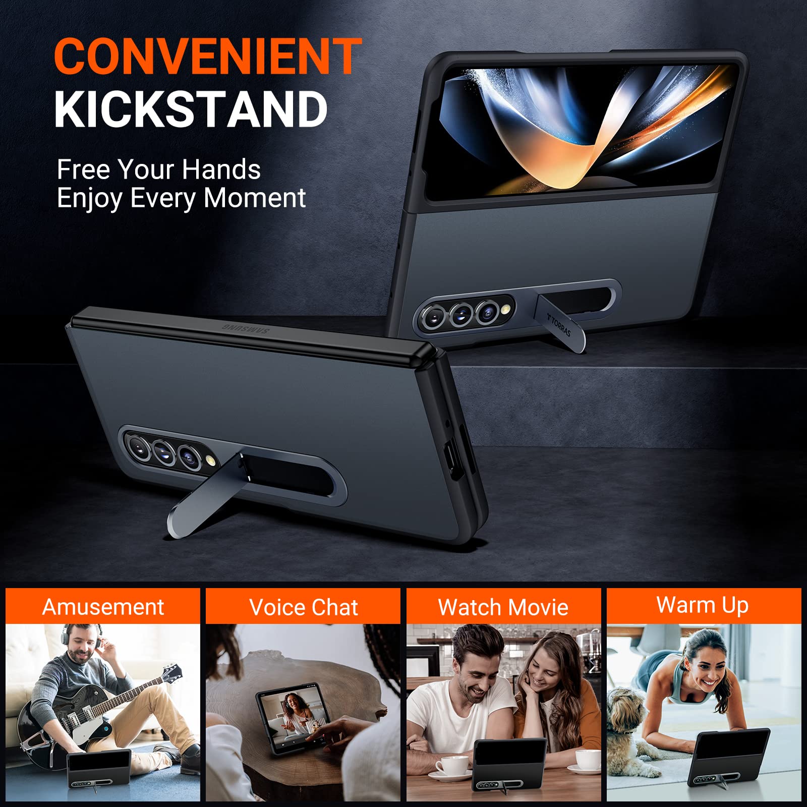 TORRAS Kickstand Z Fold 4 Case - Aluminum Alloy Stand, Slim Thin Translucent Matte Durable Case for Samsung Galaxy Z Fold 4 5G, Black - Image 7