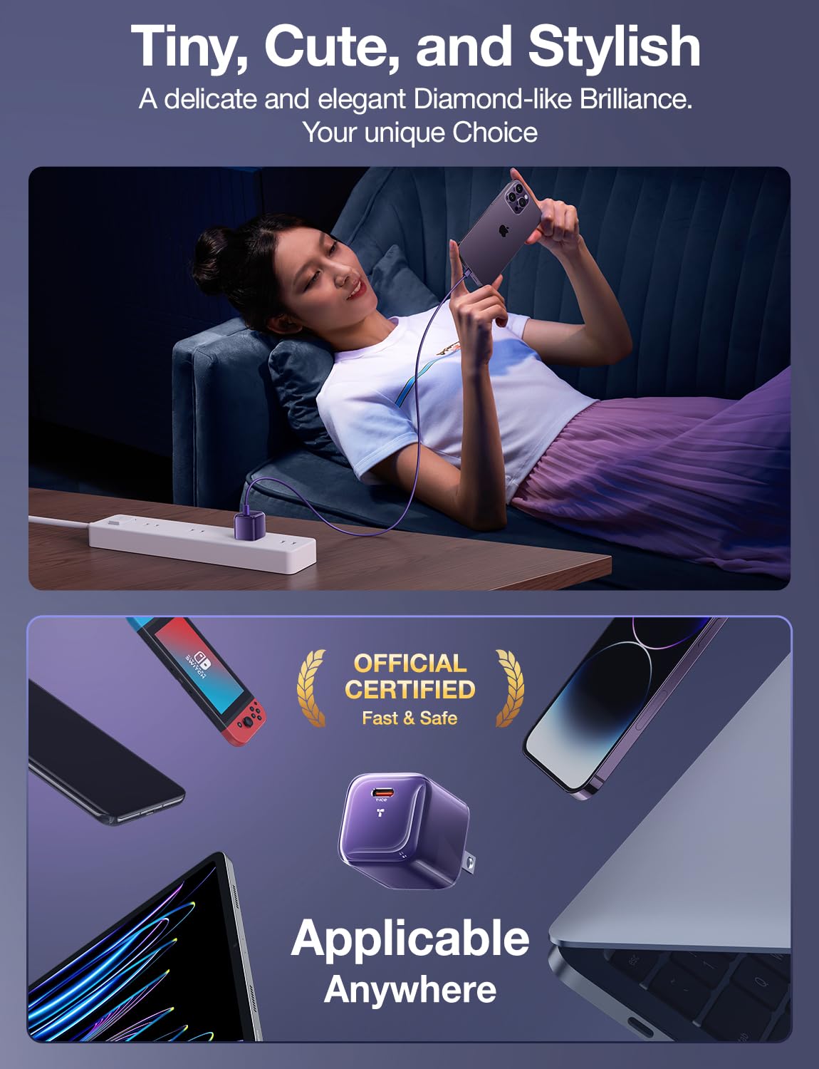 TORRAS Low Temp 30W USB C Charger Block for iPhone 16 Pro Max/15/14/13【Heat-Free Ensure Security】【2024 GaN PD3.0 Compact】 Type C Charger Fast Charging for iPhone 16/15/Samsung/AirPods 4/iPad..Purple - Image 6