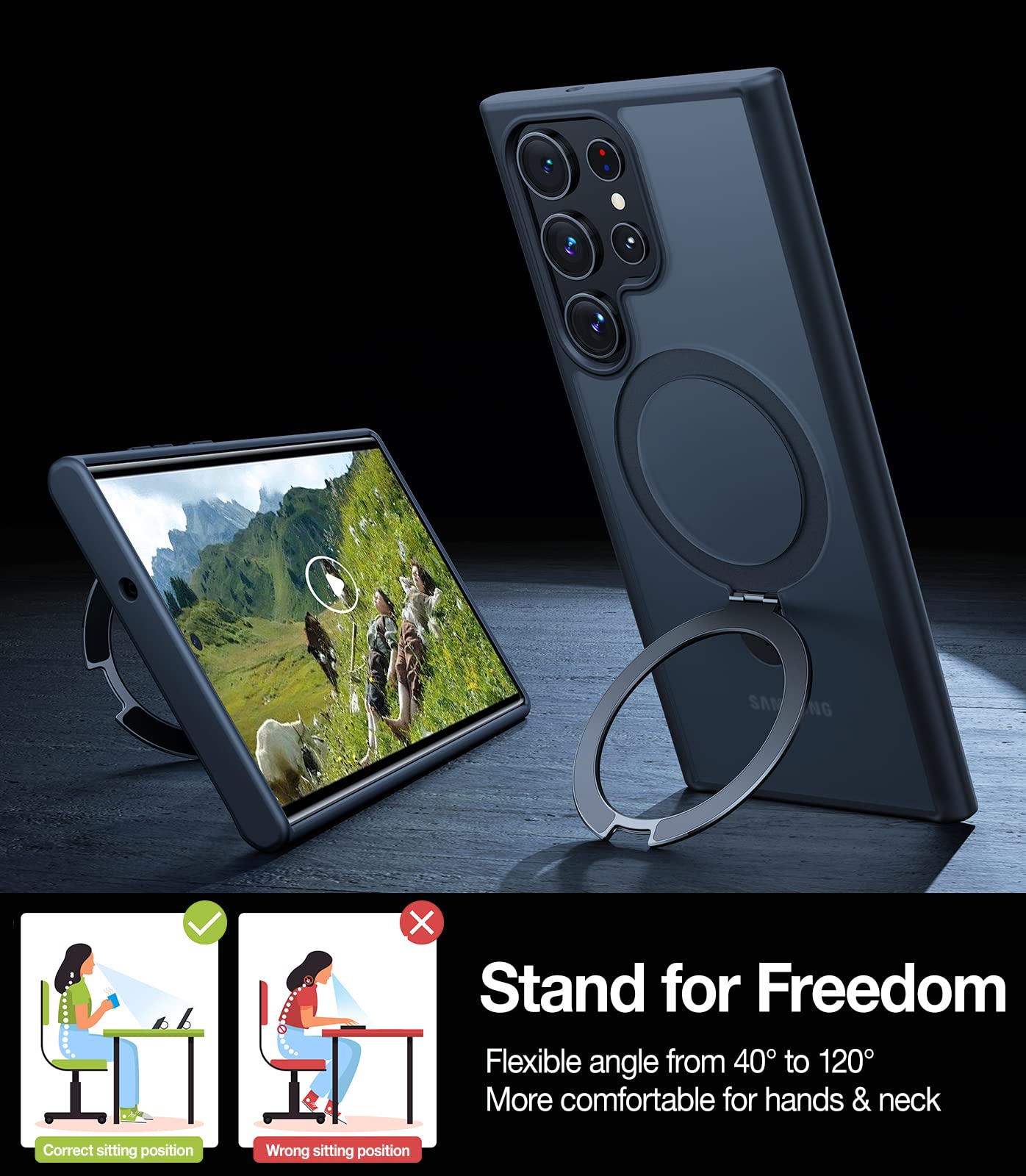 TORRAS Magnetic Designed for Samsung Galaxy S23 Ultra Case [Compatible with Magsafe] Stand, [Military Grade Drop Tested] Shockproof Translucent Slim Protective Ostand, Black - Image 3