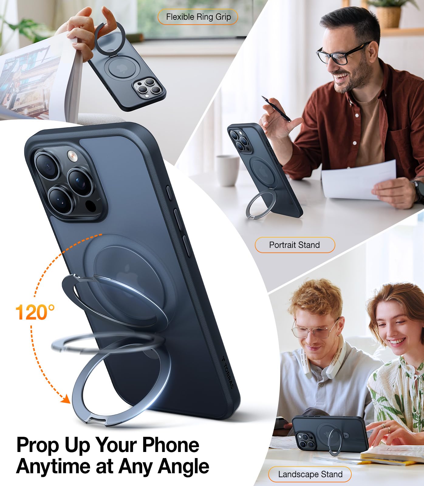 TORRAS Magnetic Ostand for iPhone 16 Pro Max Case, [Fit for MagSafe][Shockproof Military Grade][Built in Kickstand] Translucent Slim Magnetic Phone Case for iPhone 16 Pro Max 6.9", Black - Image 3