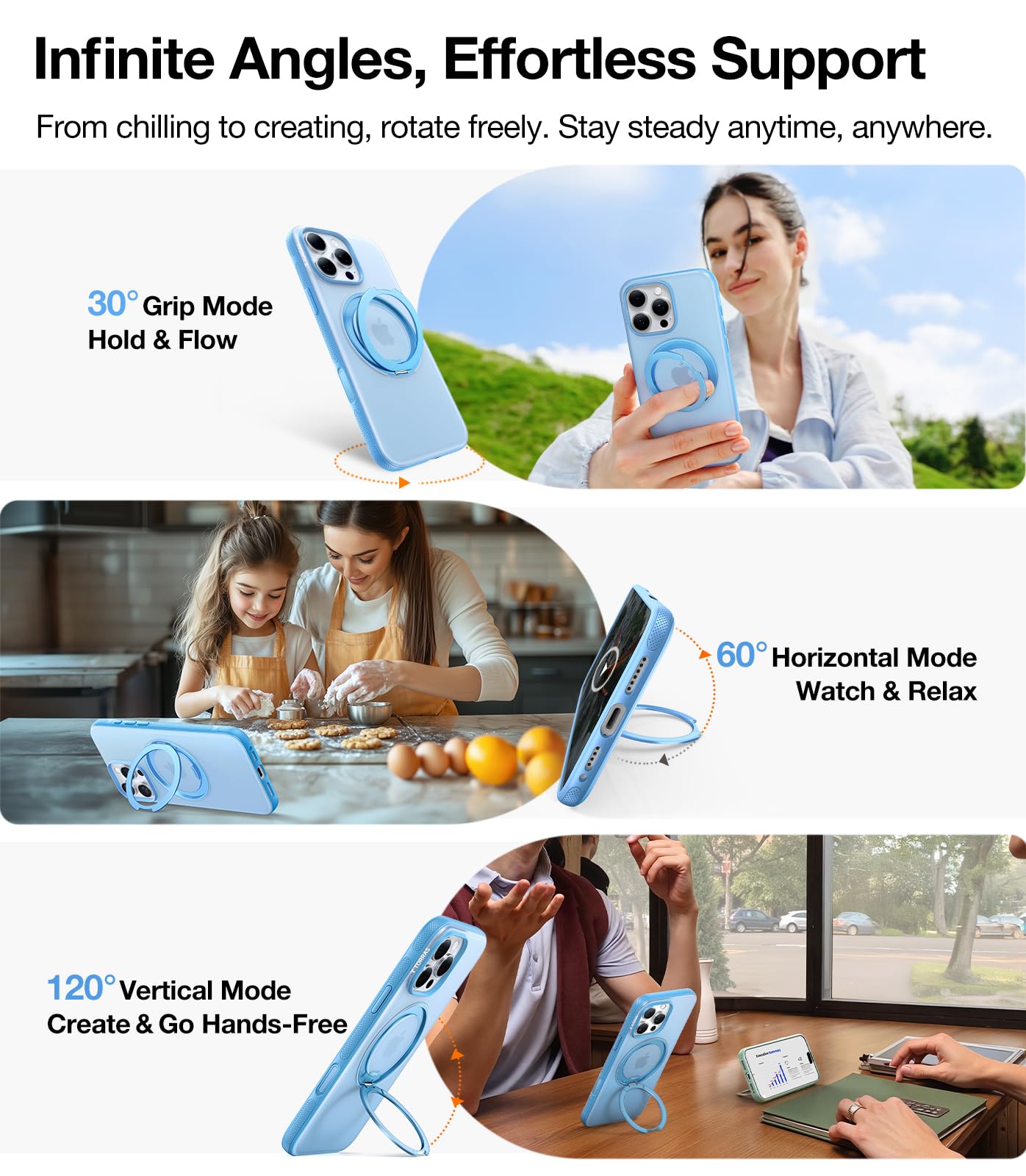 TORRAS O3 Fitness for iPhone 16 Pro Case Magnetic Stand, Fit for MagSafe, 360 Rotatable Stable Stand, Camera Control Button, Military-Grade Shockproof, Slim & Sleek, Coastal Blue Translucent - Image 3