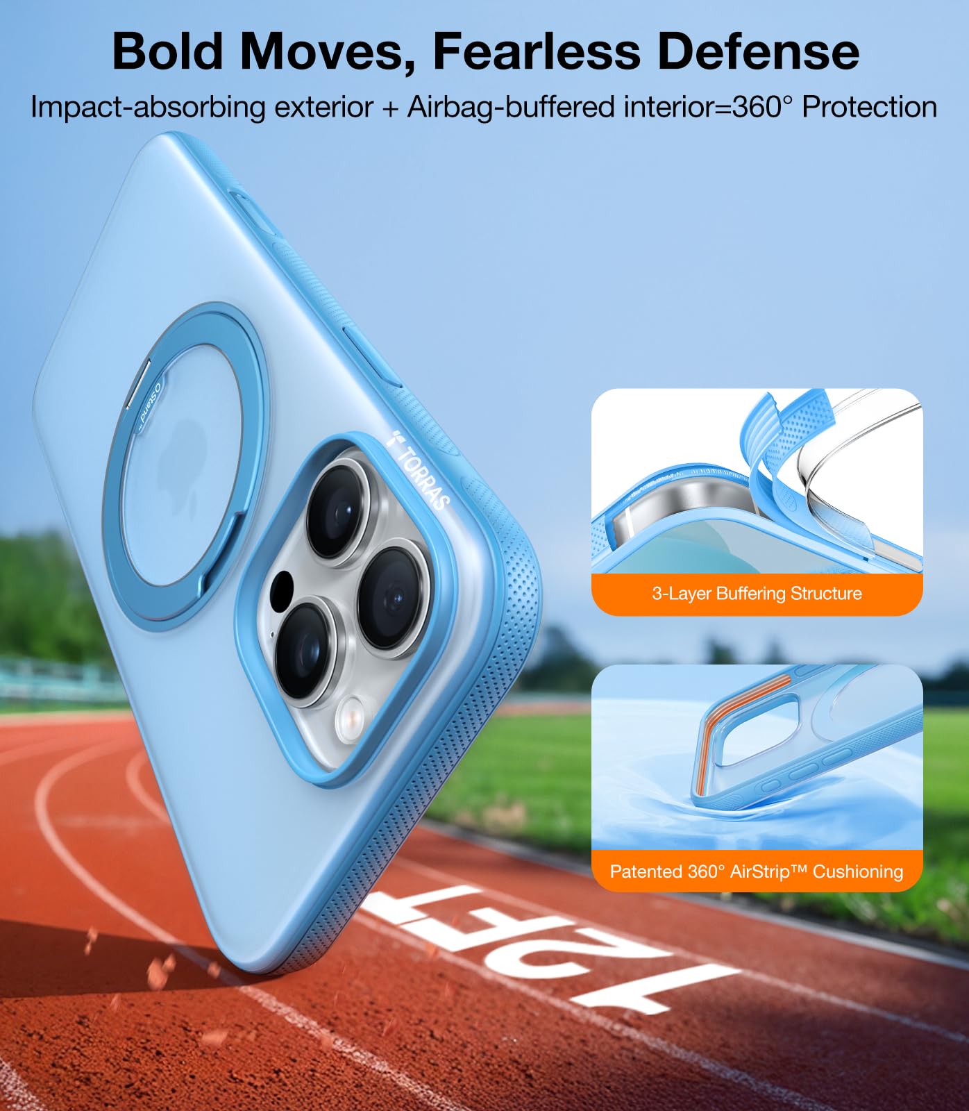 TORRAS O3 Fitness for iPhone 16 Pro Case Magnetic Stand, Fit for MagSafe, 360 Rotatable Stable Stand, Camera Control Button, Military-Grade Shockproof, Slim & Sleek, Coastal Blue Translucent - Image 5