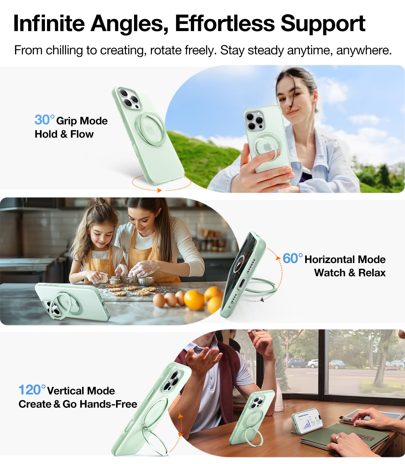 TORRAS O3 Fitness for iPhone 16 Pro Case Magnetic Stand, Fit for MagSafe, 360 Rotatable Stable Stand, Camera Control Button, Military-Grade Shockproof, Slim & Sleek, Mint Green Translucent - Image 3