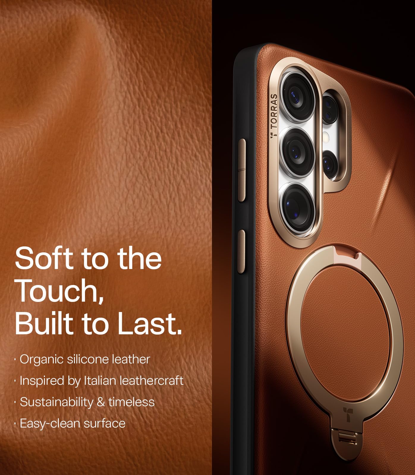 TORRAS Ostand Q3 VegSkin for Samsung Galaxy S26 Ultra Case Leather, 360 Magnetic Stand, Fit for MagSafe, Premium Vegan Leather Case for S26 Ultra Case, Microfiber Lining, Amber Brown - Image 3