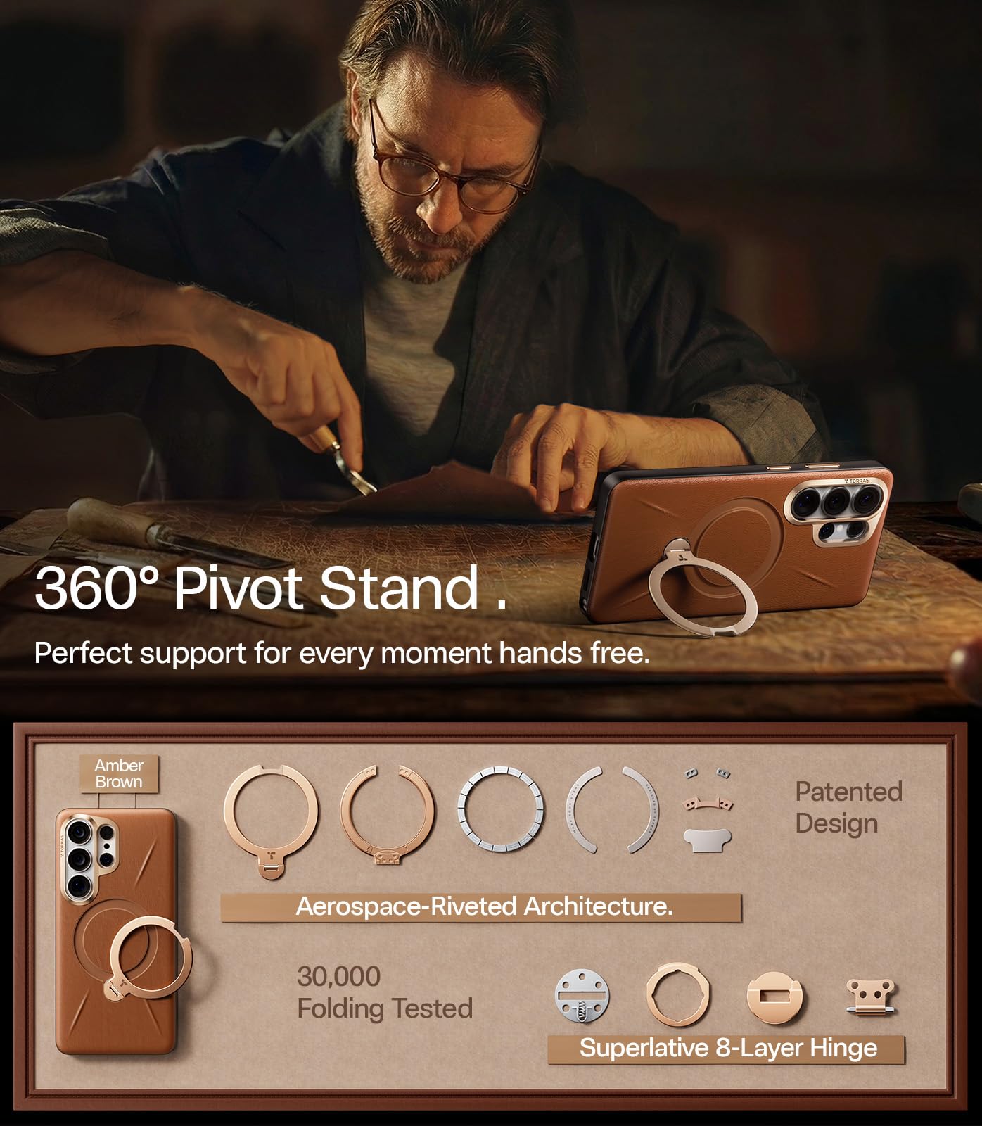 TORRAS Ostand Q3 VegSkin for Samsung Galaxy S26 Ultra Case Leather, 360 Magnetic Stand, Fit for MagSafe, Premium Vegan Leather Case for S26 Ultra Case, Microfiber Lining, Amber Brown - Image 4