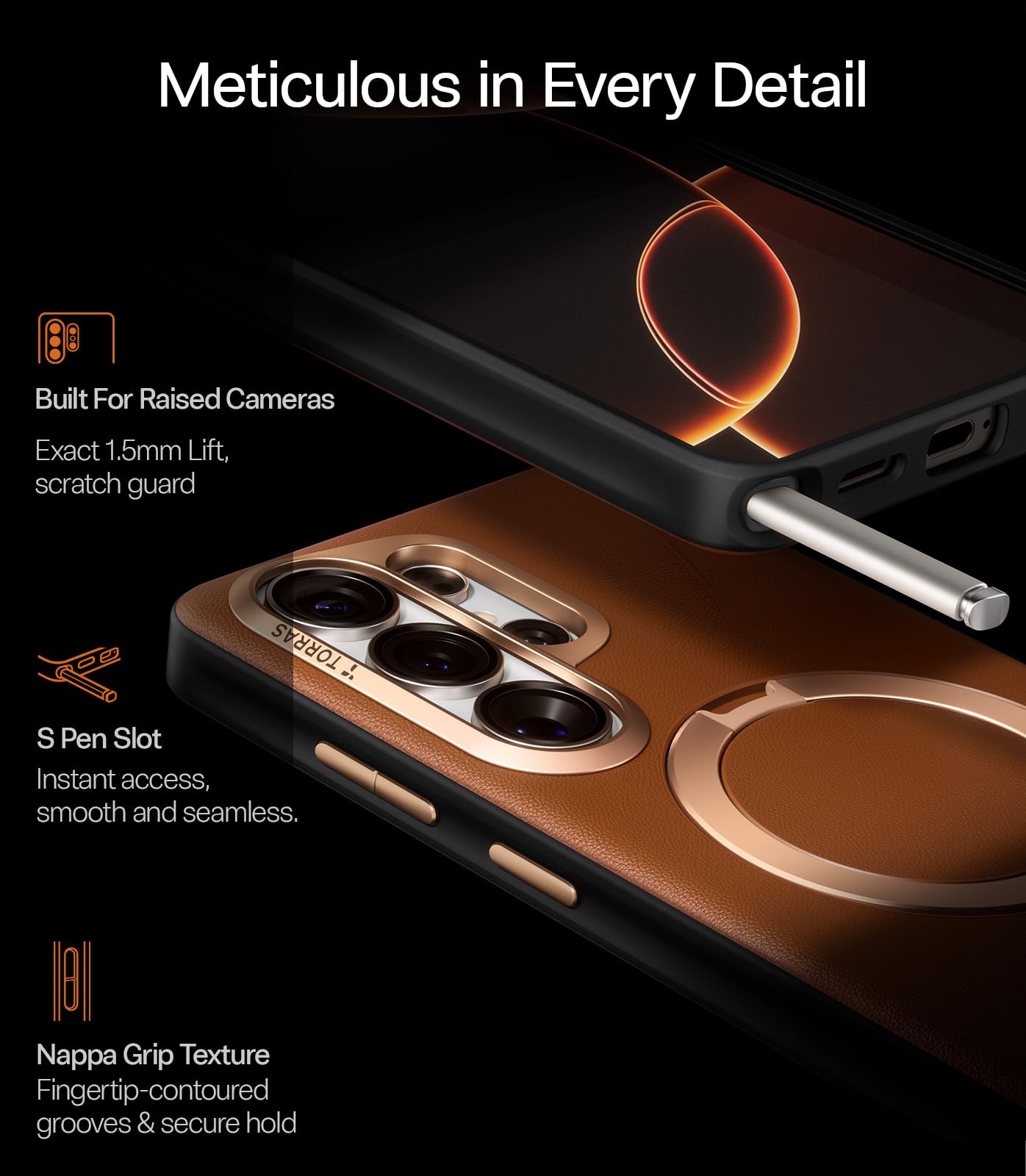 TORRAS Ostand Q3 VegSkin for Samsung Galaxy S26 Ultra Case Leather, 360 Magnetic Stand, Fit for MagSafe, Premium Vegan Leather Case for S26 Ultra Case, Microfiber Lining, Amber Brown - Image 6