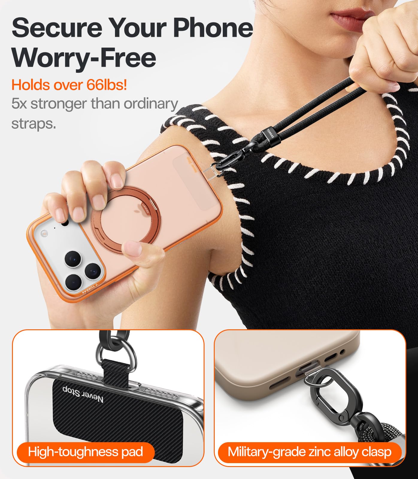 TORRAS Phone Lanyard Crossbody with 2 Phone Tabs, Adjustable Anti Theft Phone Strap for All Phones, Premium Metal Buckles, Skin-Friendly, Universal Cell Phone Neck lanyard for Travel Essentials, Black - Image 3