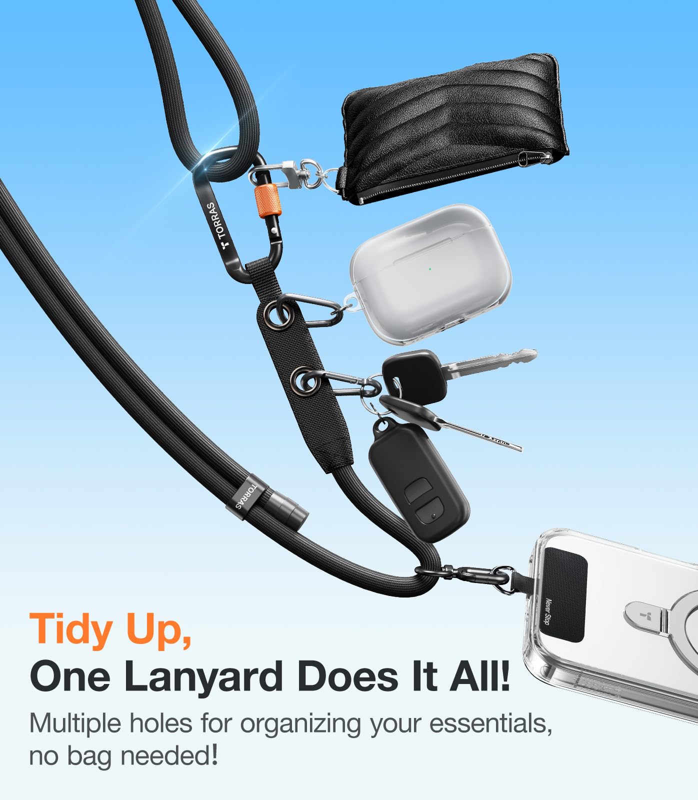 TORRAS Phone Lanyard with Hanging Loops, Adjustable Anti Theft Phone Strap Crossbody for iPhone 17 Pro Max,Skin-Friendly,2 Tabs, Universal Cell Phone Neck Lanyard for Daily & Outdoor Activities, Black - Image 3