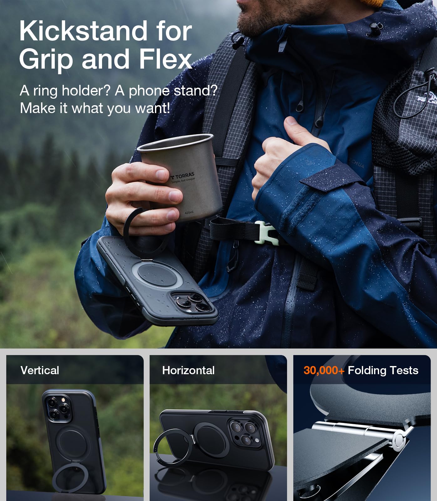 TORRAS Q1 Air for iPhone 15 Pro Case Magnetic Stand, [Extreme Military-Grade Shockproof] [Fit for MagSafe] [Sturdy Flexible Stand] Translucent Anti-Scratch Strong Protective Case, Frosted Black 6.1" - Image 5