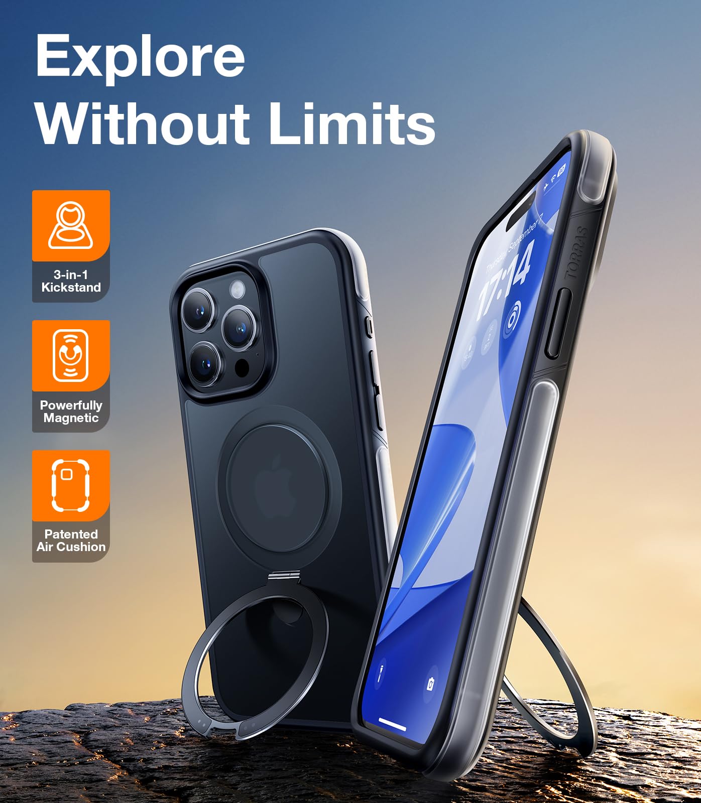 TORRAS Q1 Air for iPhone 15 Pro Case Magnetic Stand, [Extreme Military-Grade Shockproof] [Fit for MagSafe] [Sturdy Flexible Stand] Translucent Anti-Scratch Strong Protective Case, Frosted Black 6.1" - Image 6