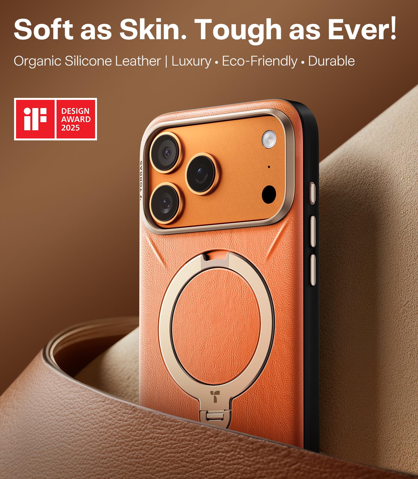 TORRAS Q3 VegSkin for iPhone 17 Pro Max Case Leather, 360 Spin Magnetic Stand, Fit for MagSafe, Camera Control, Shockproof Premium Organic Silicone Leather Case for iPhone 17 Pro Max, Burnt Orange - Image 3