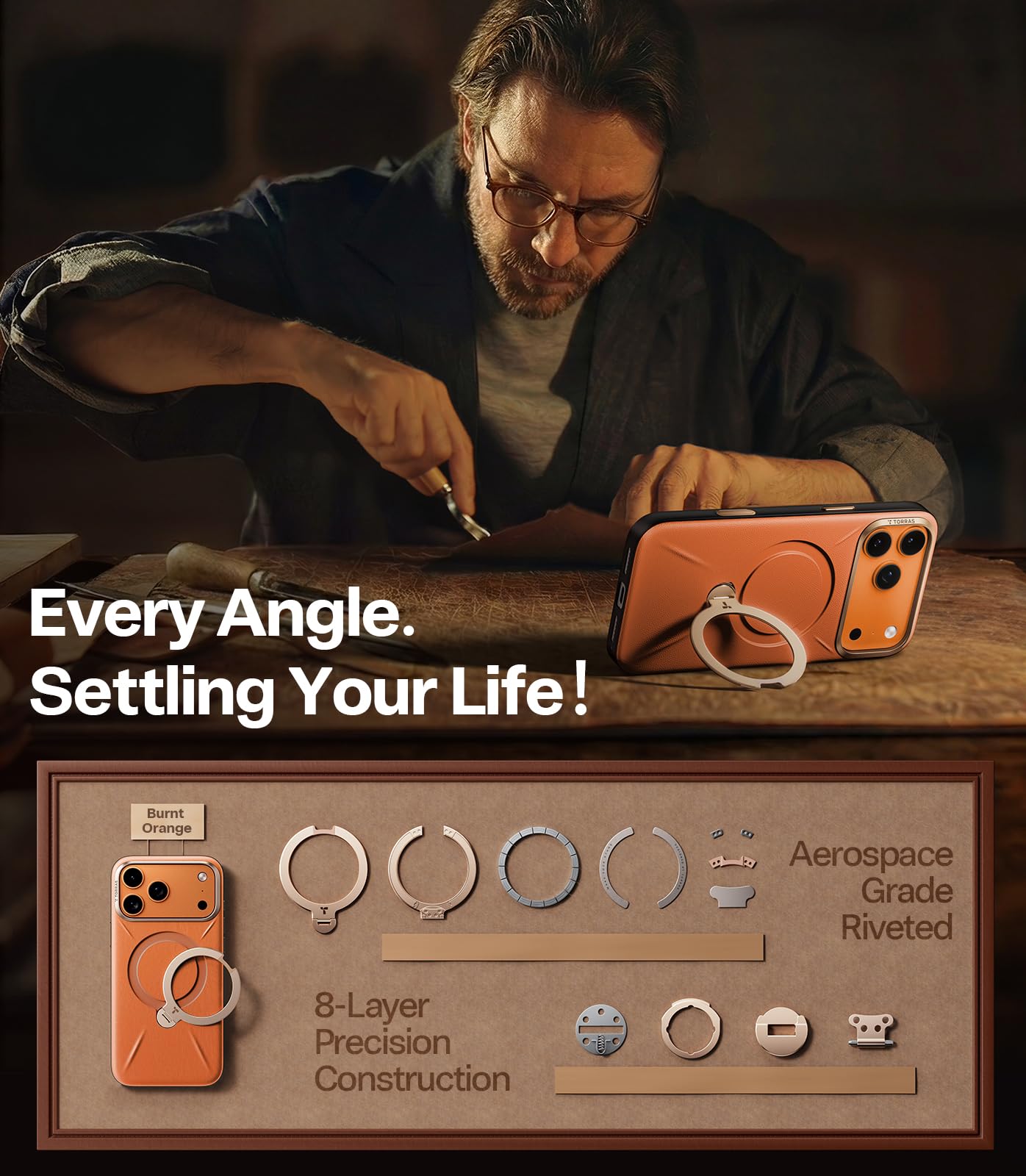 TORRAS Q3 VegSkin for iPhone 17 Pro Max Case Leather, 360 Spin Magnetic Stand, Fit for MagSafe, Camera Control, Shockproof Premium Organic Silicone Leather Case for iPhone 17 Pro Max, Burnt Orange - Image 4