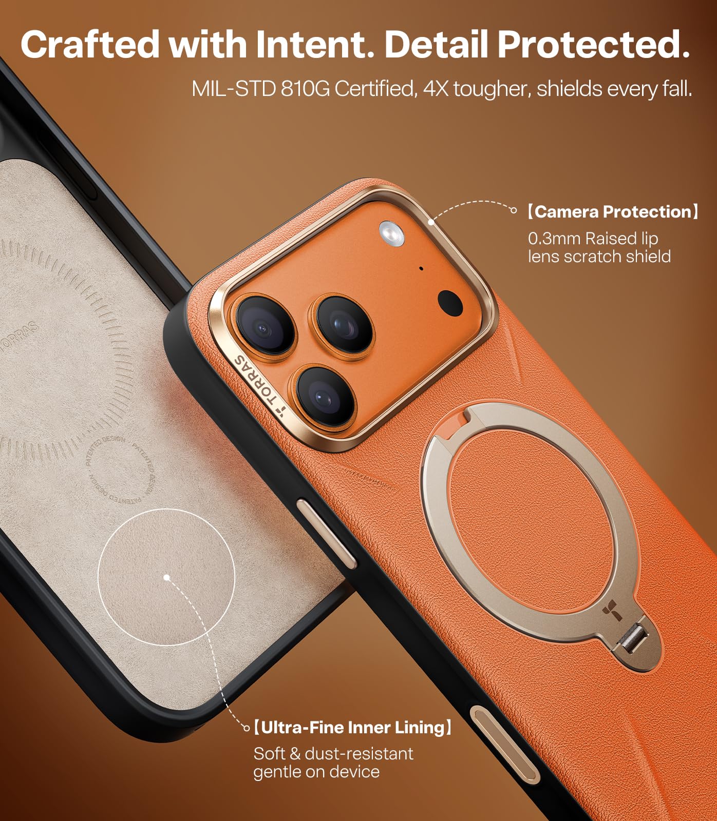 TORRAS Q3 VegSkin for iPhone 17 Pro Max Case Leather, 360 Spin Magnetic Stand, Fit for MagSafe, Camera Control, Shockproof Premium Organic Silicone Leather Case for iPhone 17 Pro Max, Burnt Orange - Image 6